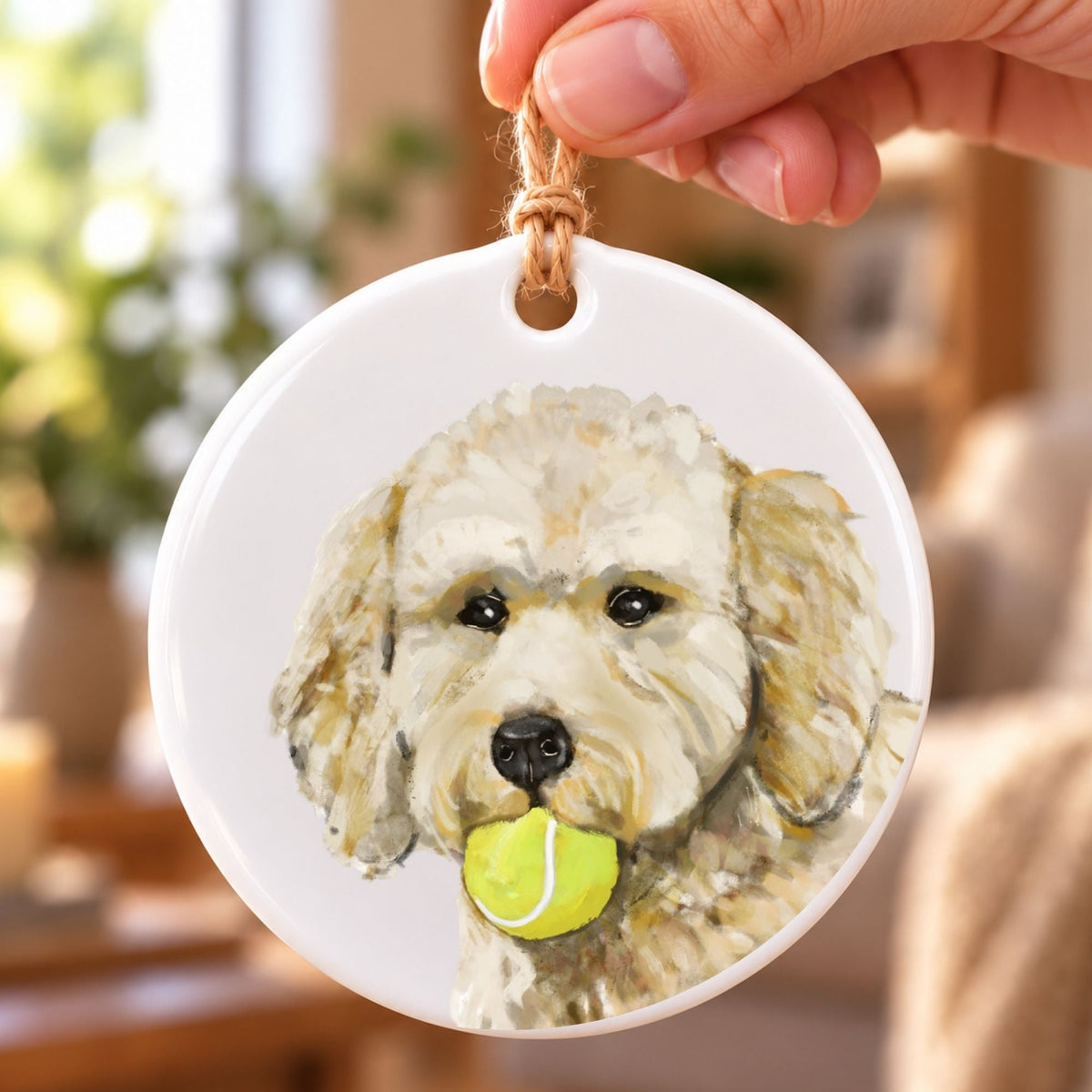 Goldendoodle with Tennis Ball Ceramic Ornament - MerikaArt