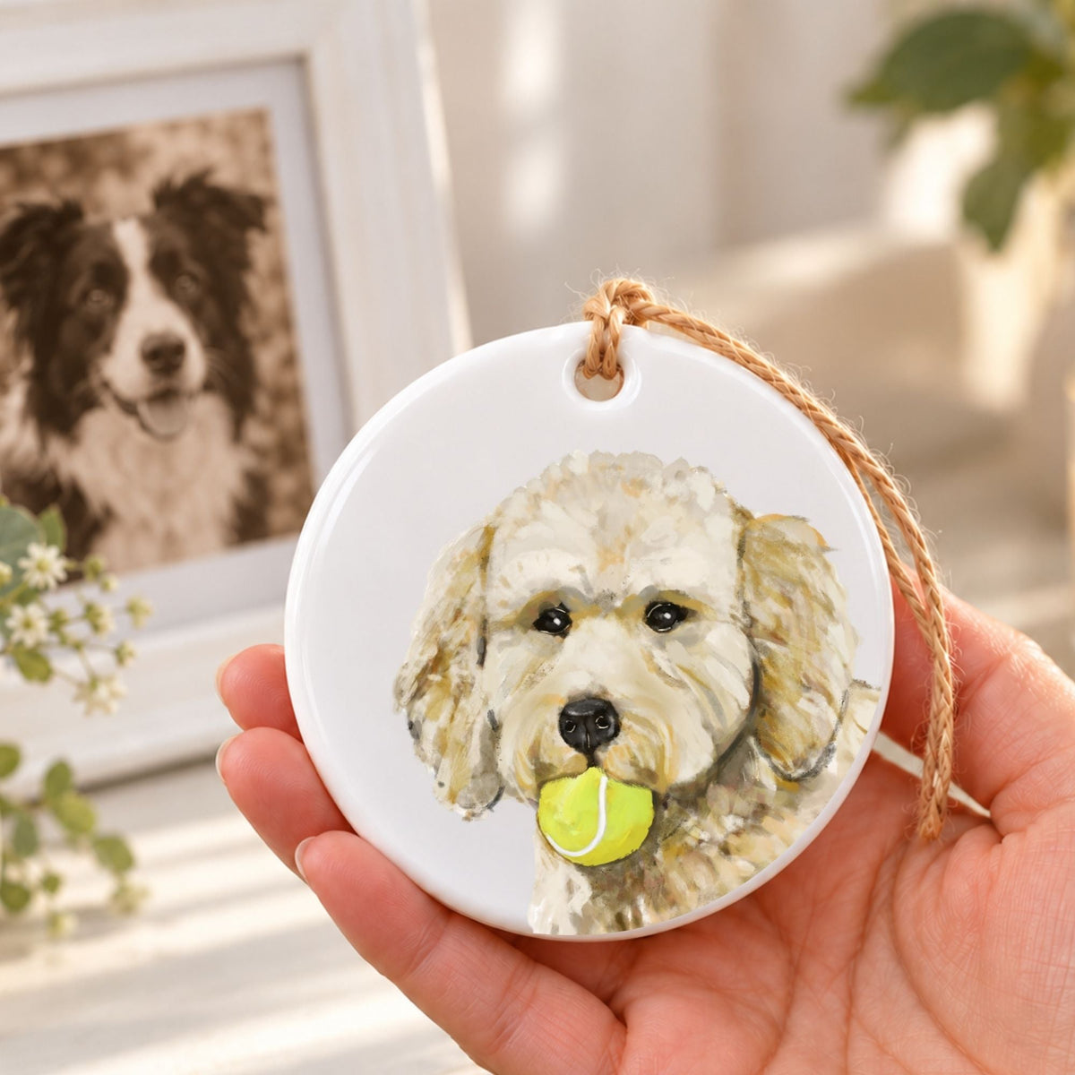 Goldendoodle with Tennis Ball Ceramic Ornament - MerikaArt