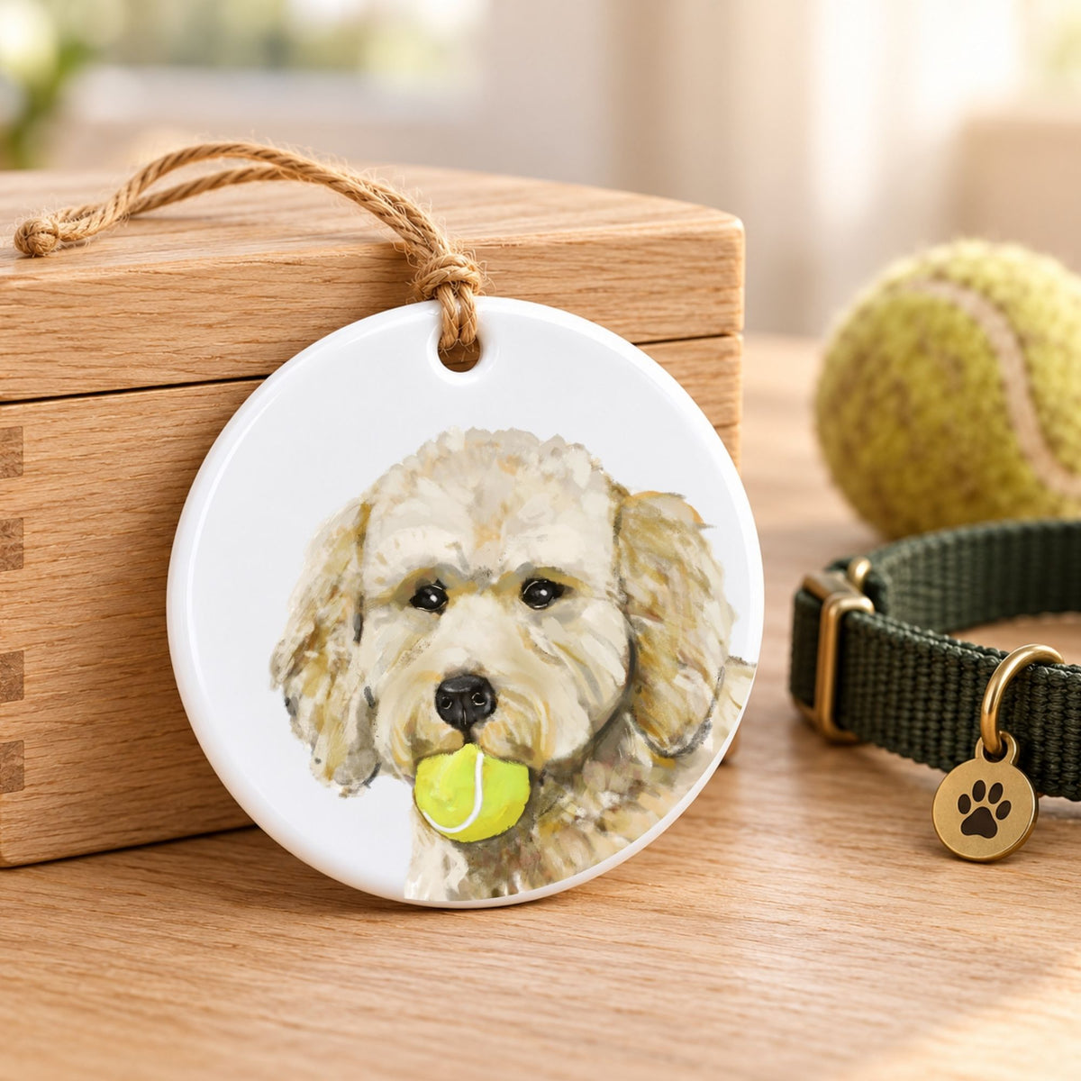 Goldendoodle with Tennis Ball Ceramic Ornament - MerikaArt