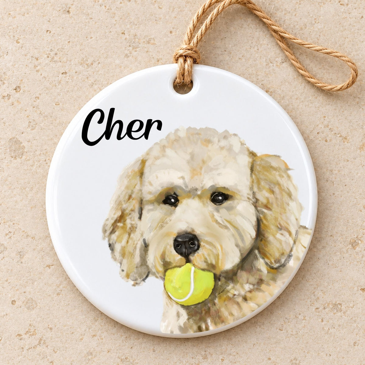 Goldendoodle with Tennis Ball Ceramic Ornament - MerikaArt