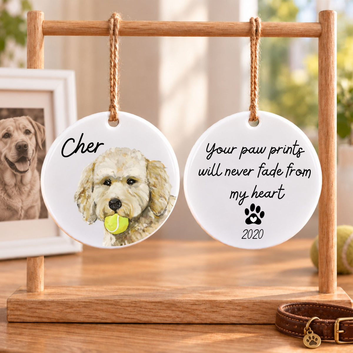 Goldendoodle with Tennis Ball Ceramic Ornament - MerikaArt