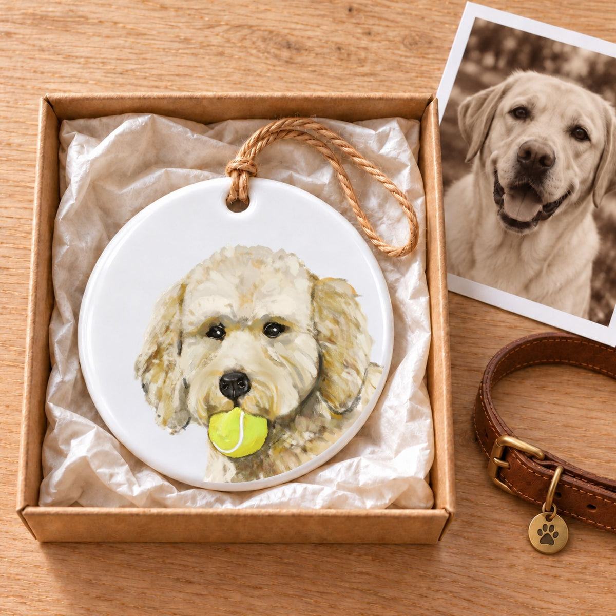 Goldendoodle with Tennis Ball Ceramic Ornament - MerikaArt