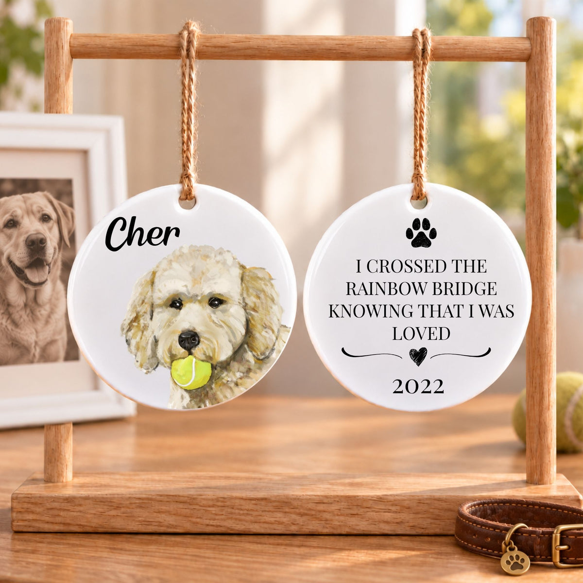 Goldendoodle with Tennis Ball Ceramic Ornament - MerikaArt