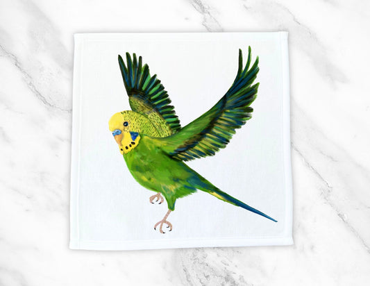 Graceful Budgie in Flight Washcloth - MerikaArt