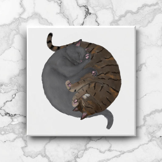 Gray and Tabby Cats Yin and Yang Ceramic Tile - MerikaArt