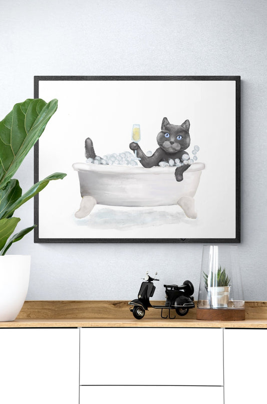 Gray Cat Bathing Print - MerikaArt