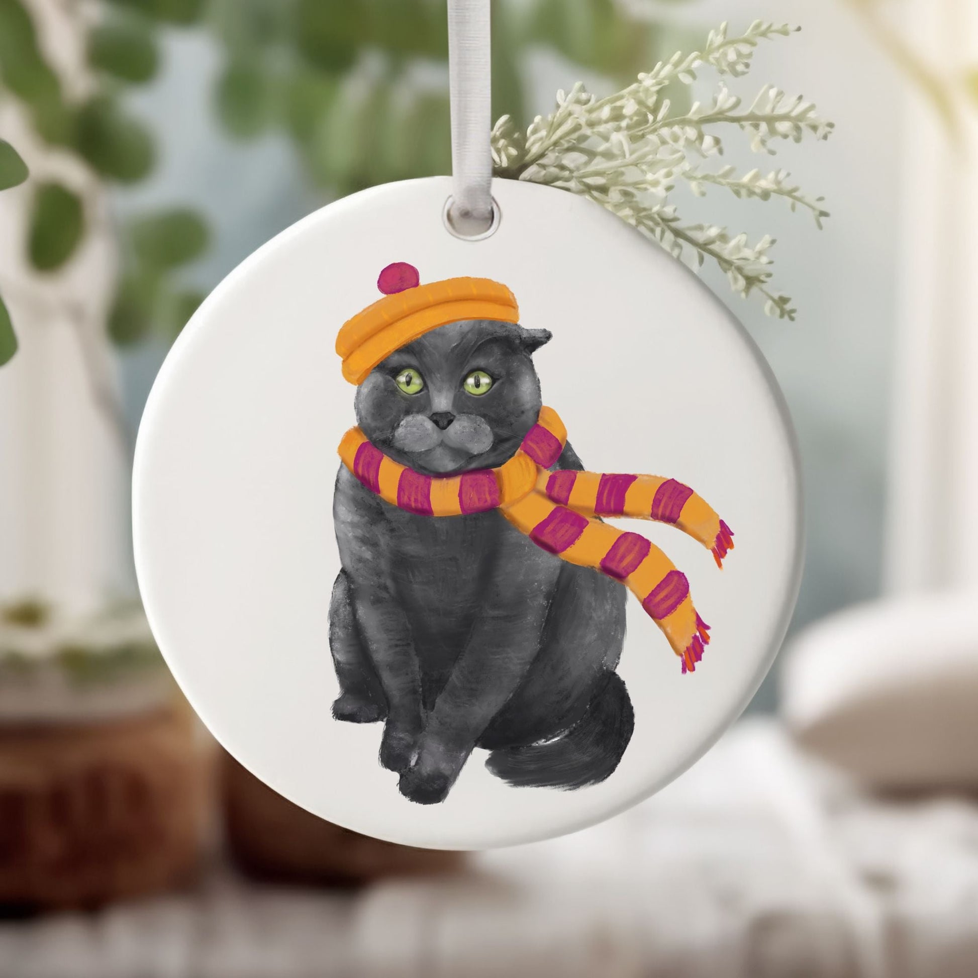 Gray Cat Ceramic Ornament - MerikaArt