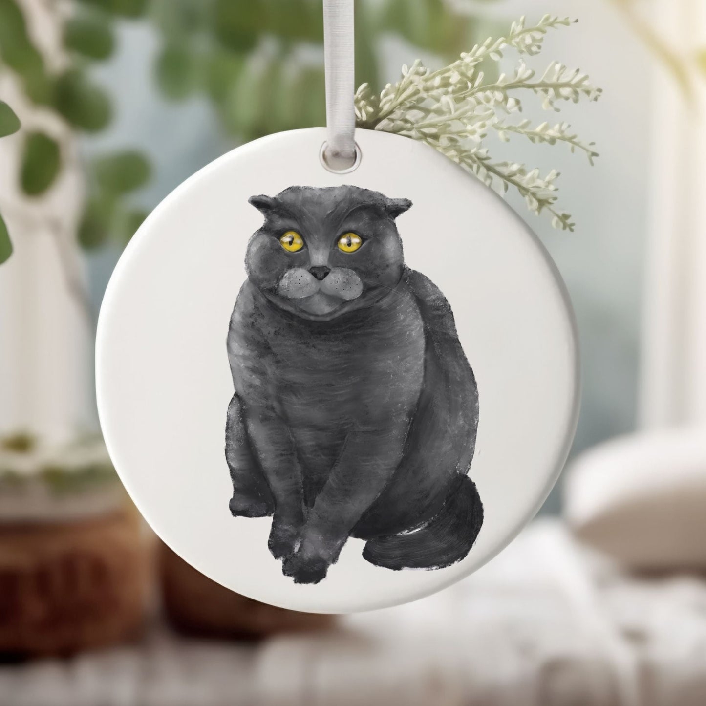 Gray Cat Ceramic Ornament - MerikaArt