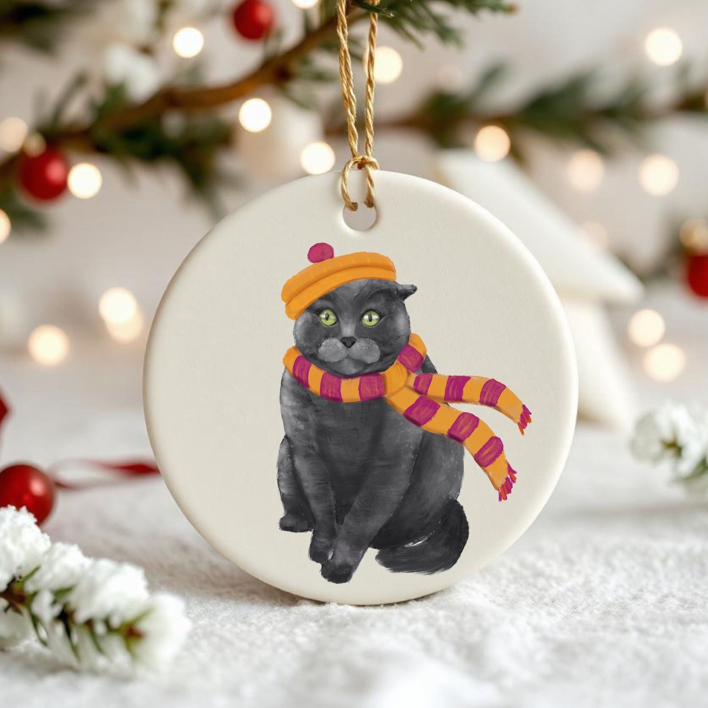 Gray Cat Ceramic Ornament - MerikaArt