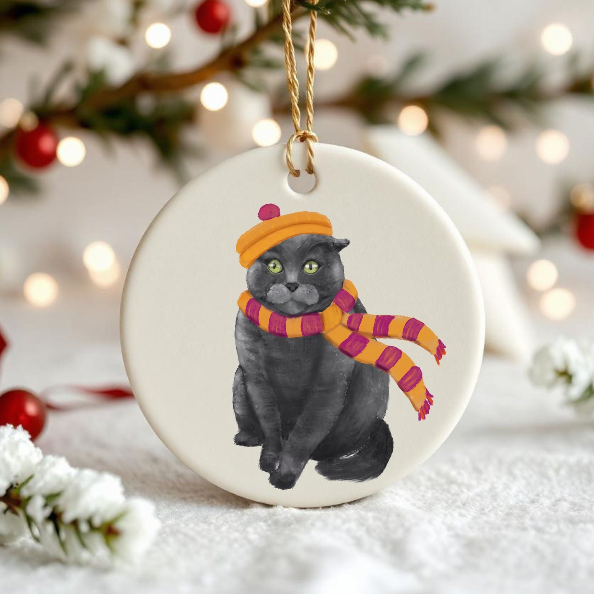 Gray Cat Ceramic Ornament - MerikaArt