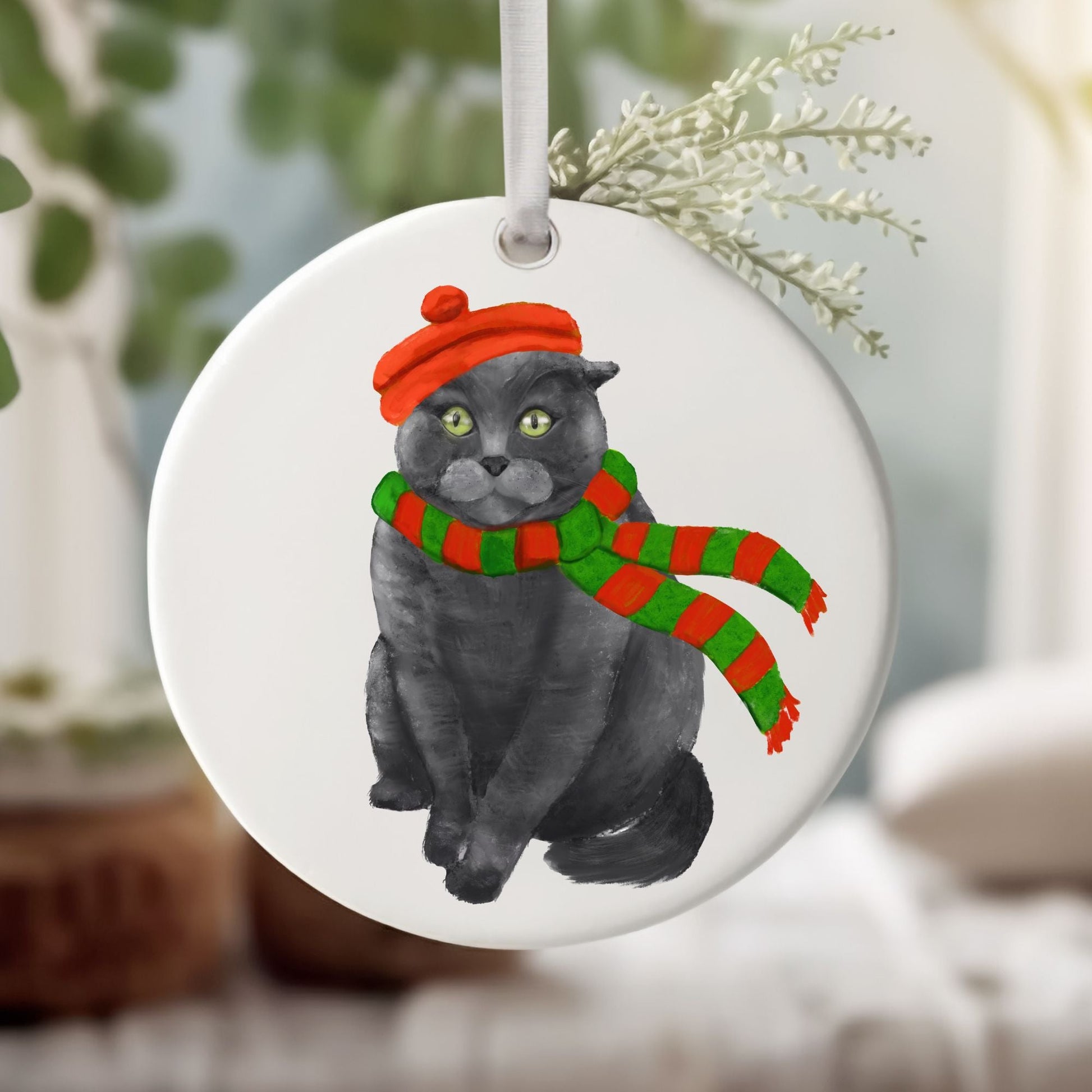 Gray Cat Ceramic Ornament - MerikaArt