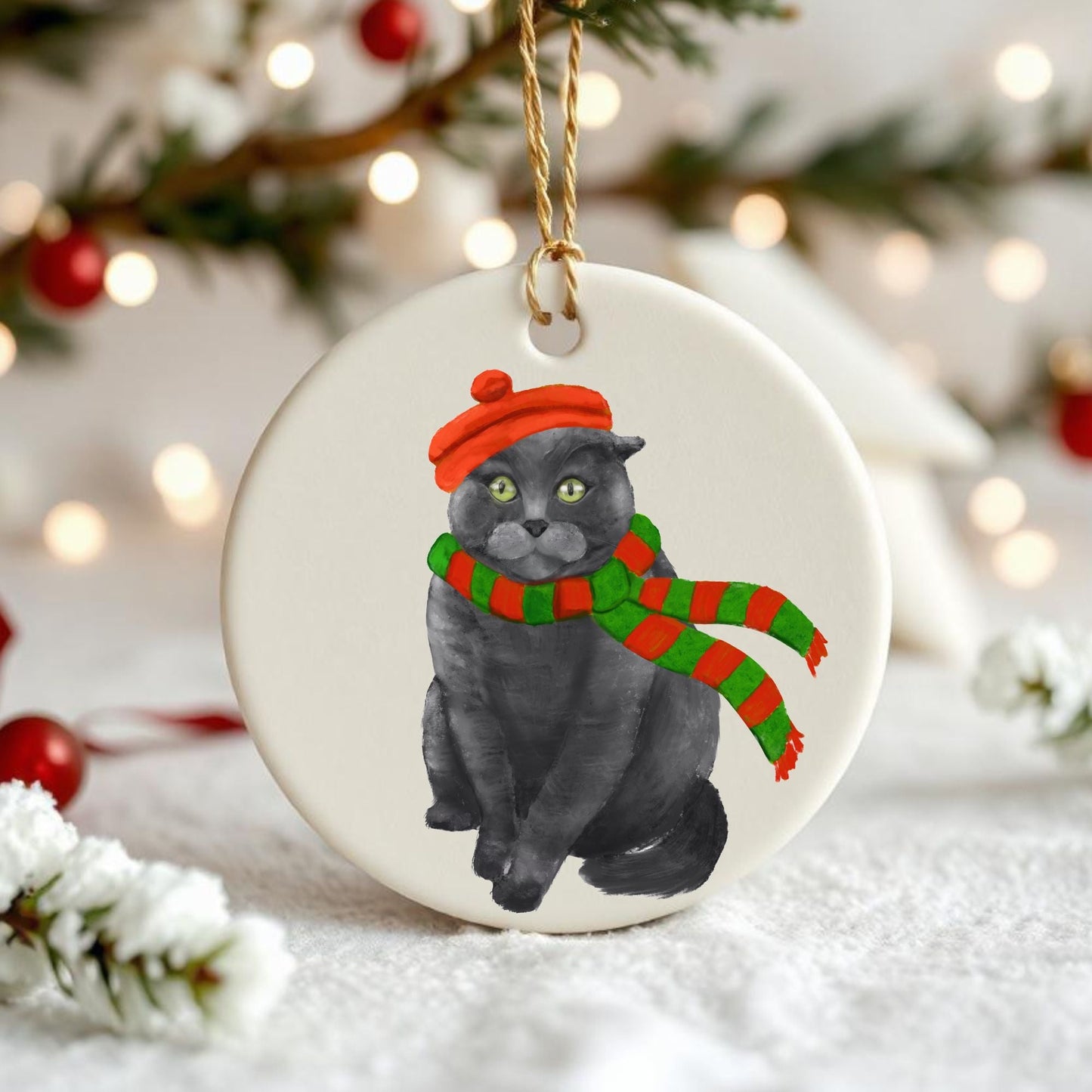 Gray Cat Ceramic Ornament - MerikaArt