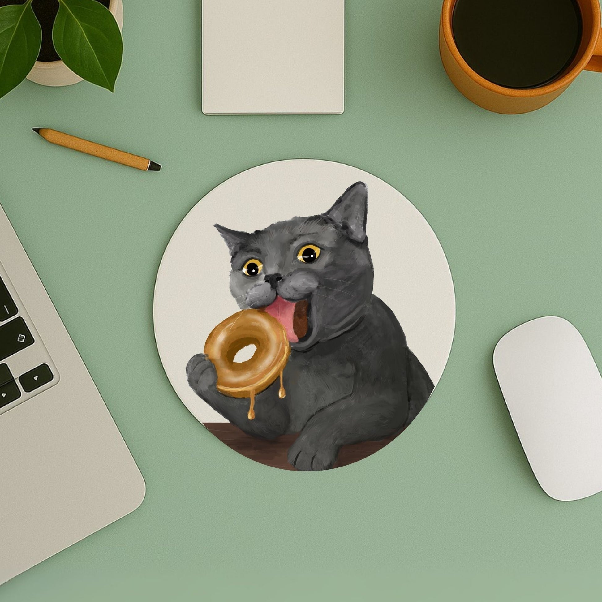 Gray Cat Donut Mousepad - MerikaArt
