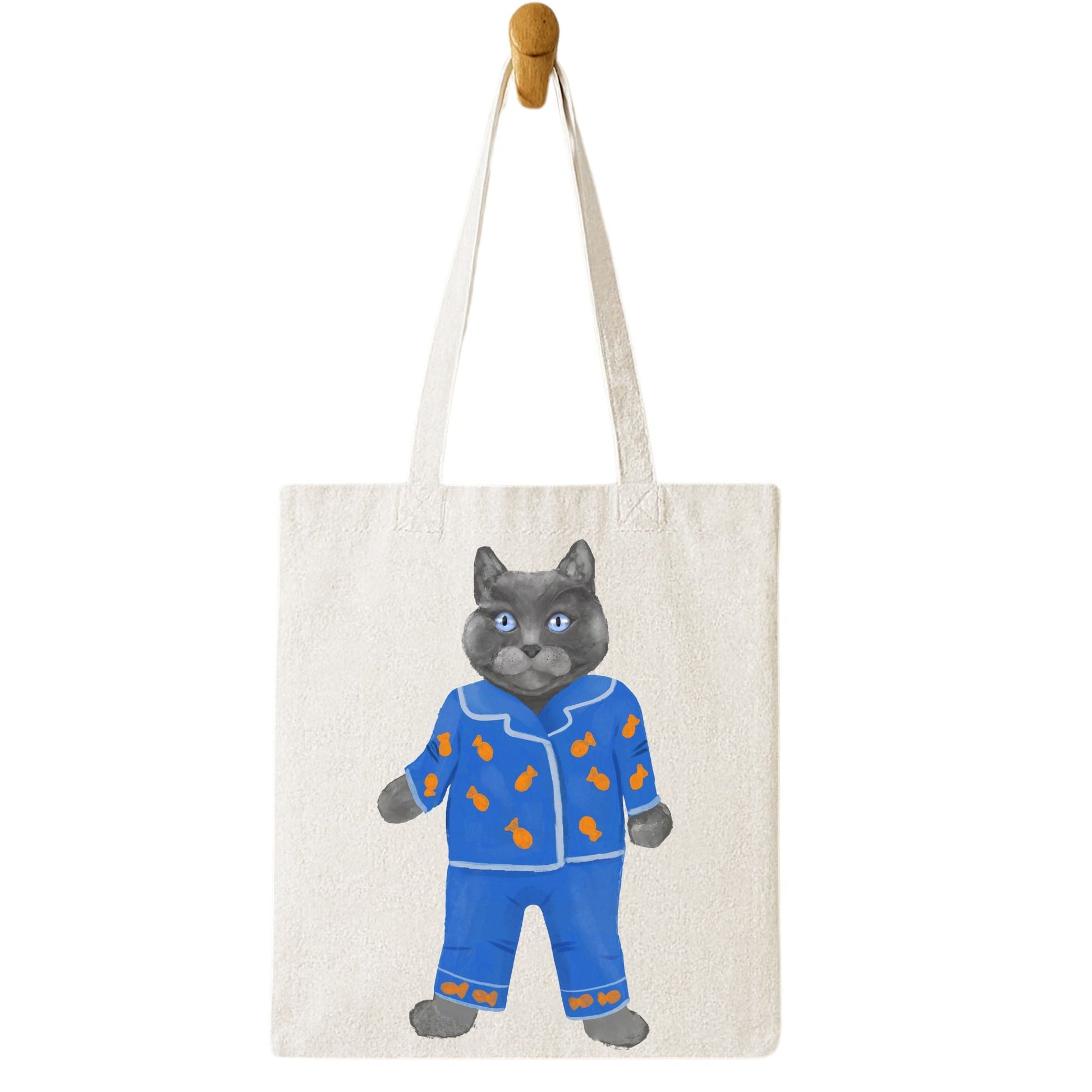 Gray Cat in Blue Pajamas Canvas Tote Bag - MerikaArt