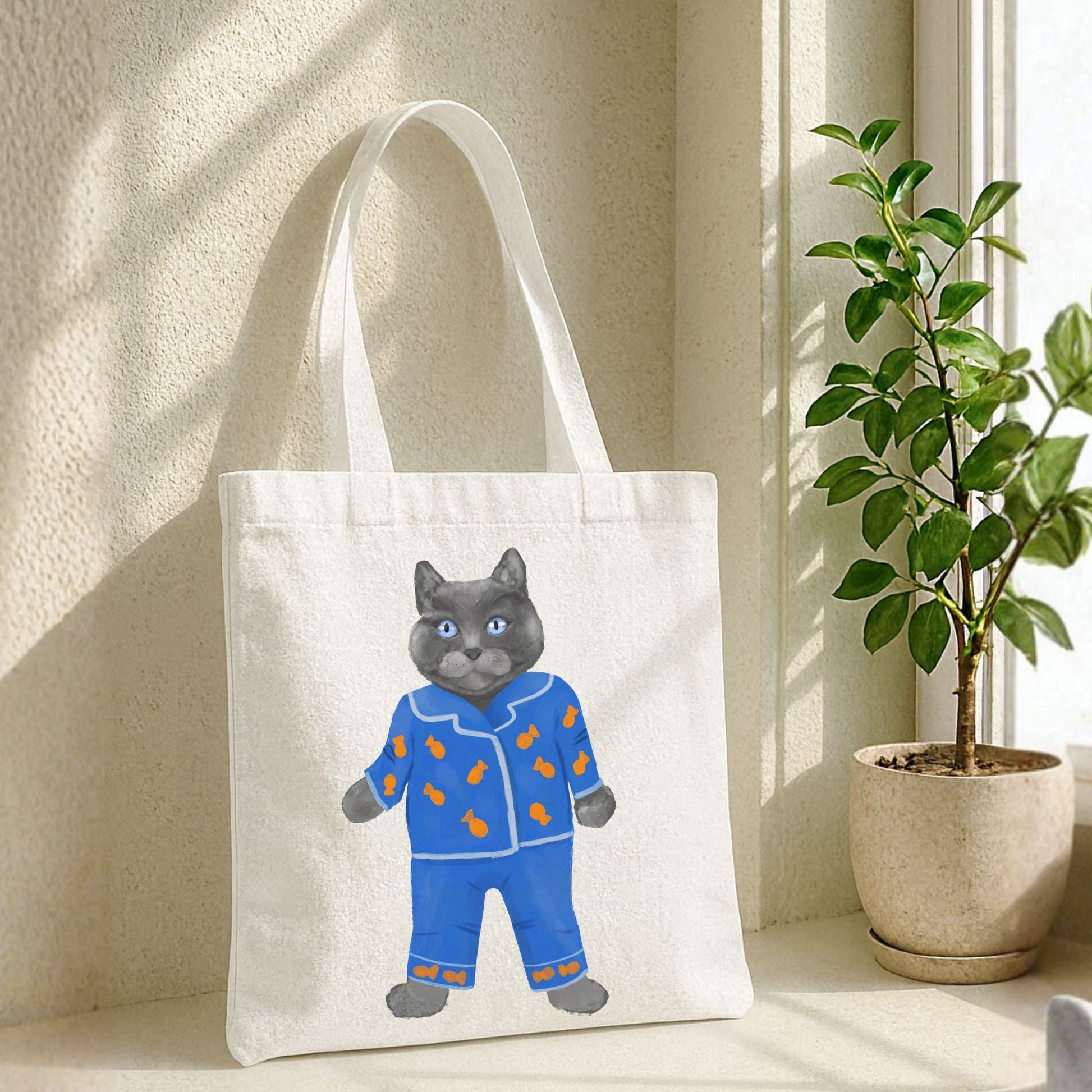 Gray Cat in Blue Pajamas Canvas Tote Bag - MerikaArt