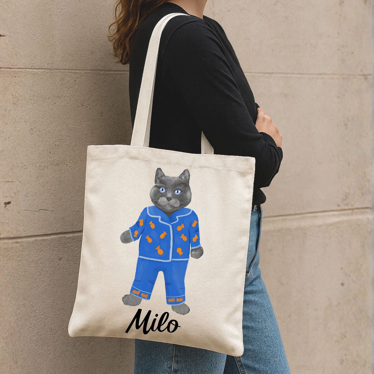 Gray Cat in Blue Pajamas Canvas Tote Bag - MerikaArt