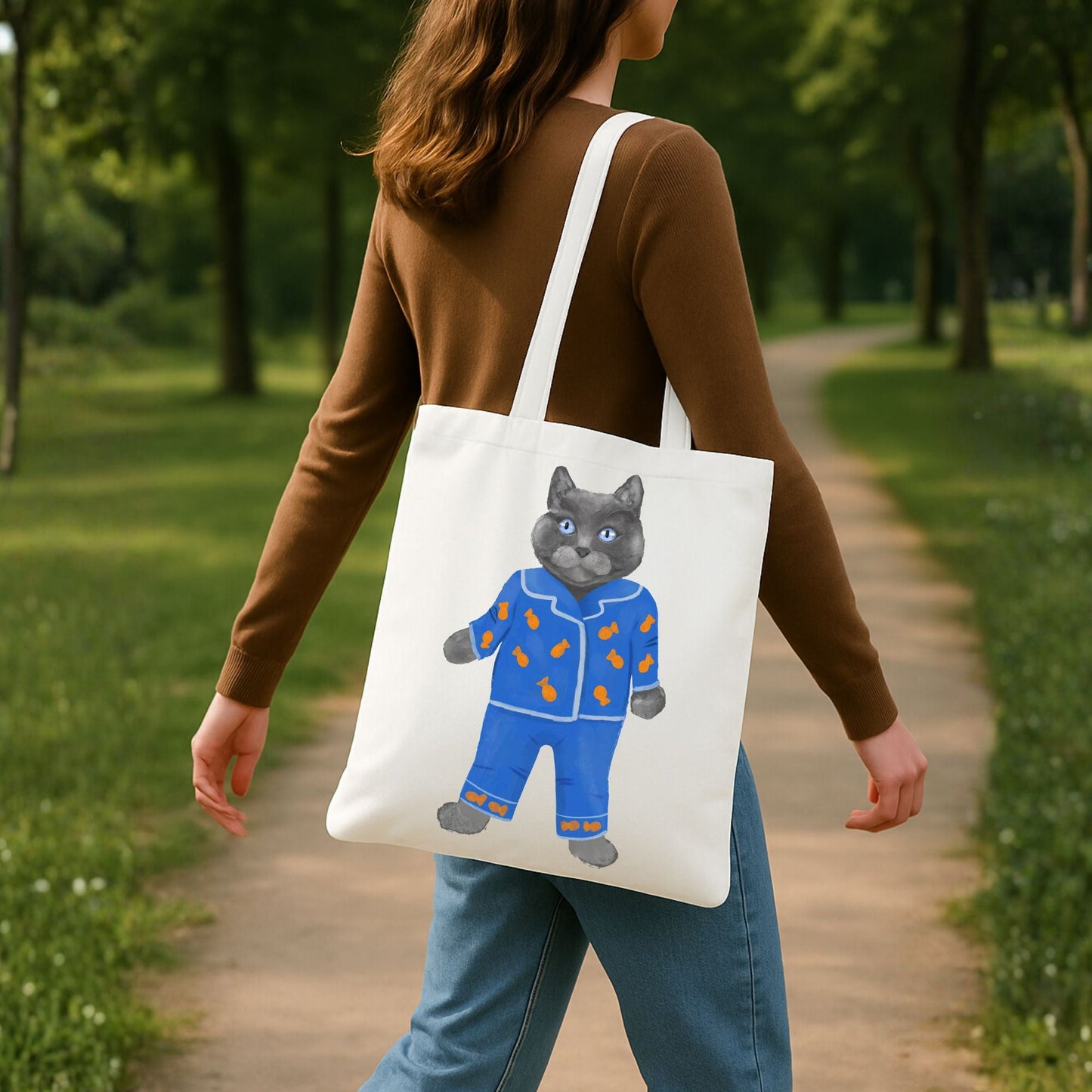 Gray Cat in Blue Pajamas Canvas Tote Bag - MerikaArt
