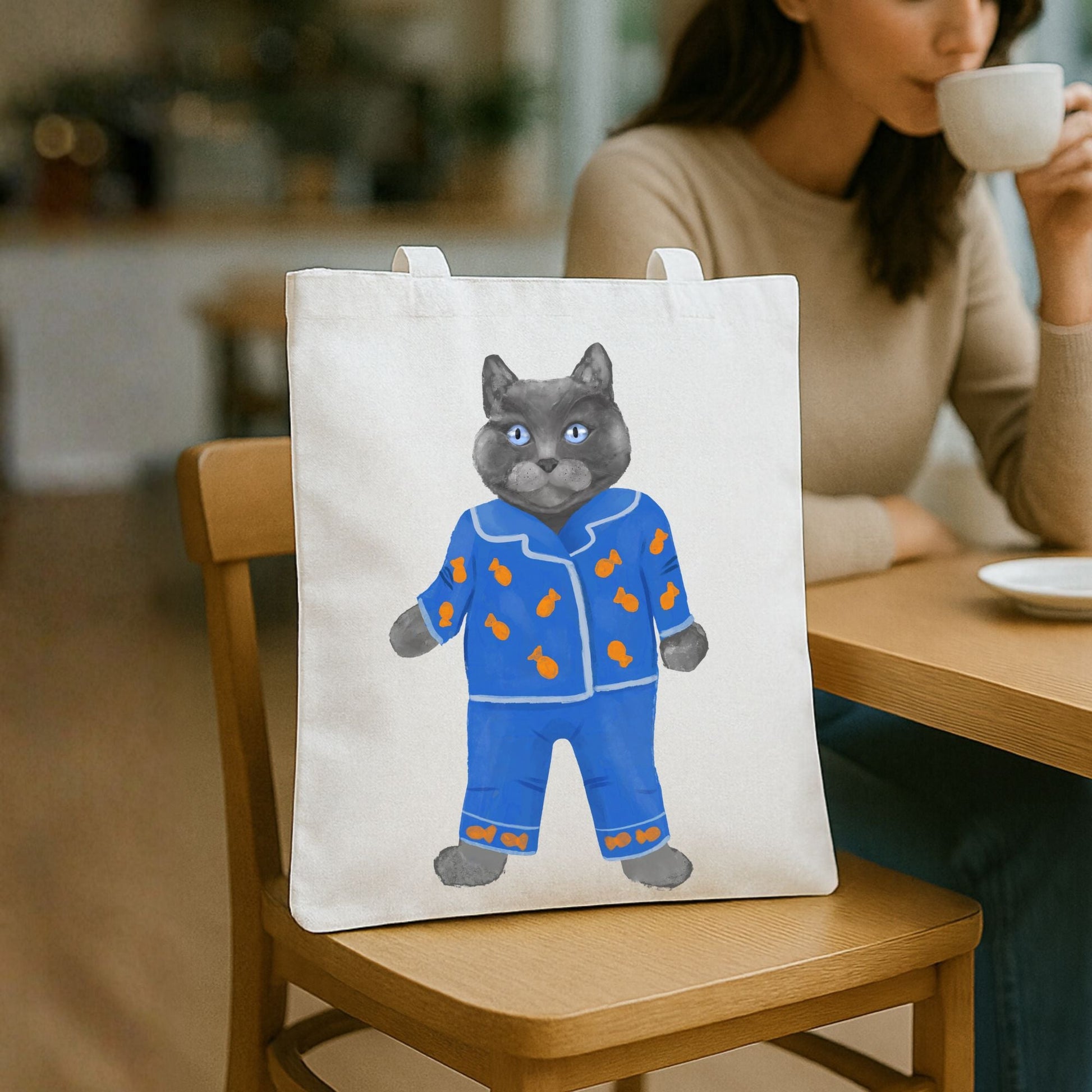 Gray Cat in Blue Pajamas Canvas Tote Bag - MerikaArt