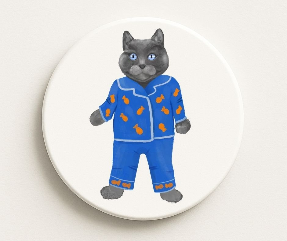 Gray Cat in Blue Pajamas Ceramic Coaster - MerikaArt