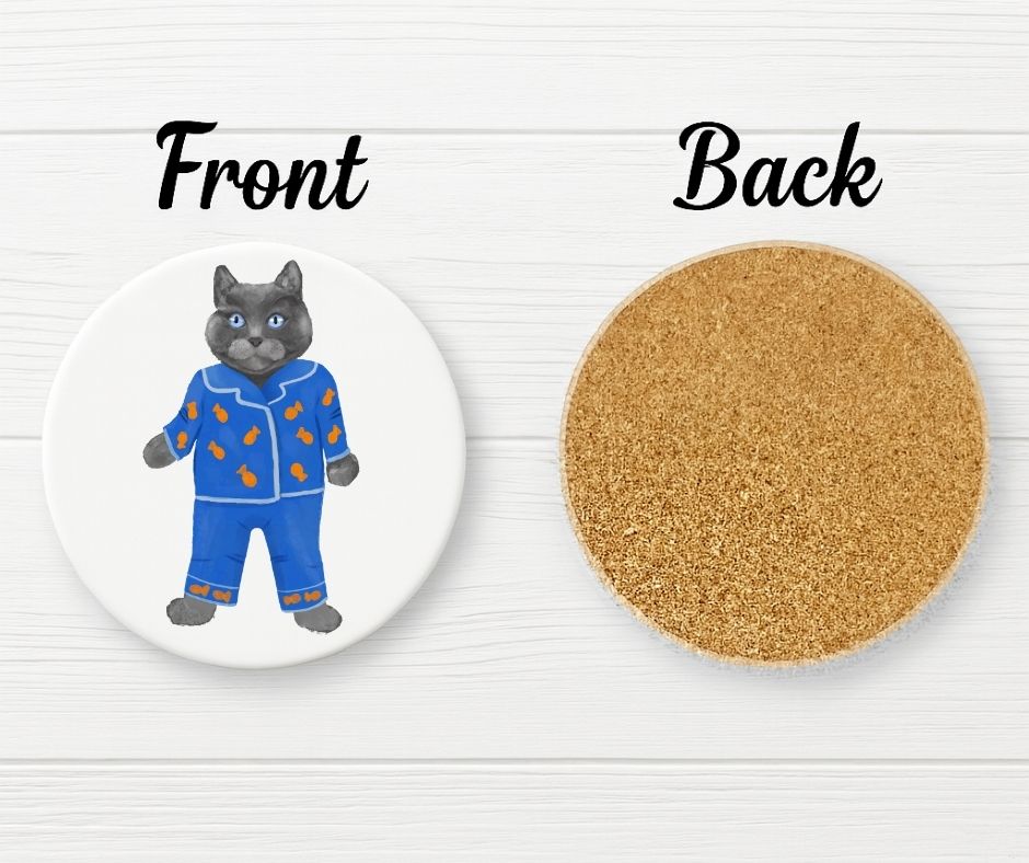 Gray Cat in Blue Pajamas Ceramic Coaster - MerikaArt