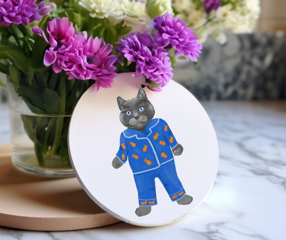 Gray Cat in Blue Pajamas Ceramic Coaster - MerikaArt