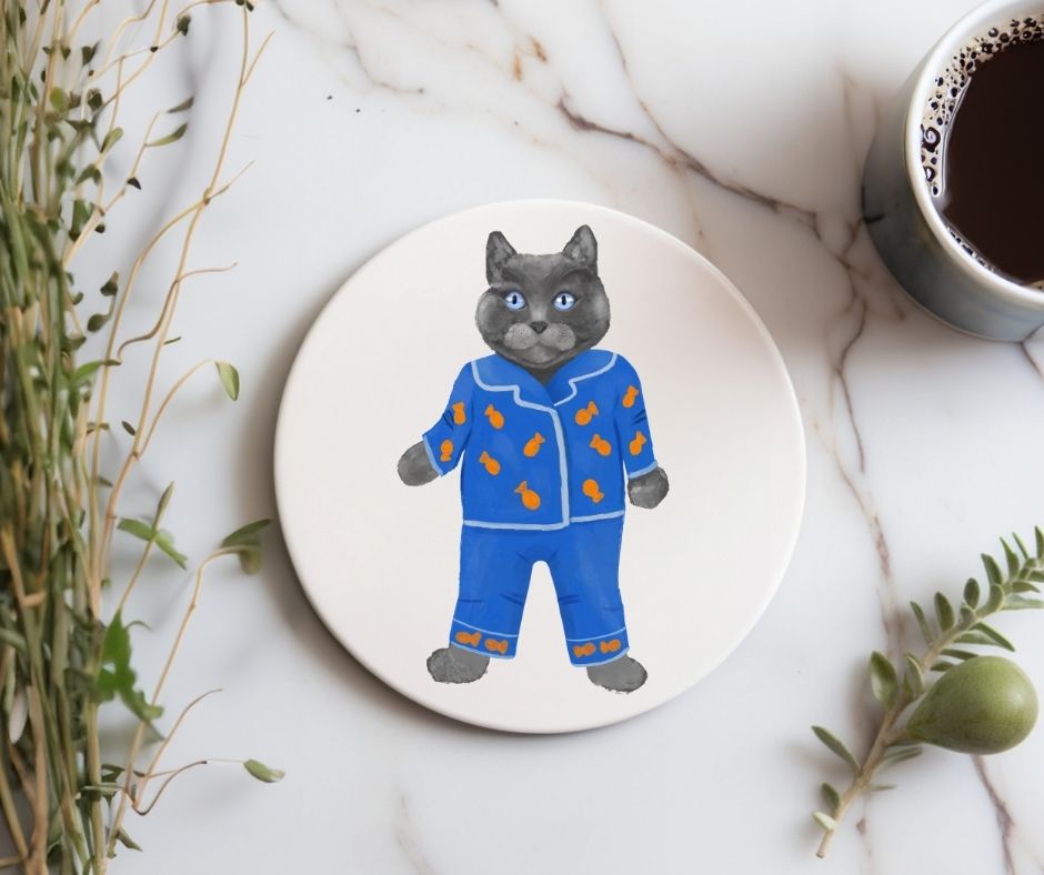 Gray Cat in Blue Pajamas Ceramic Coaster - MerikaArt