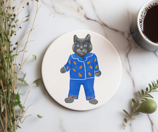 Gray Cat in Blue Pajamas Ceramic Coaster - MerikaArt