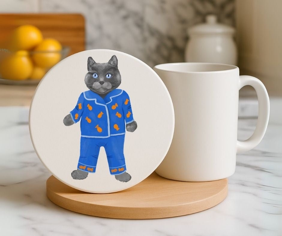 Gray Cat in Blue Pajamas Ceramic Coaster - MerikaArt