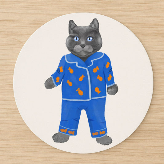 Gray Cat in Blue Pajamas Mousepad - MerikaArt