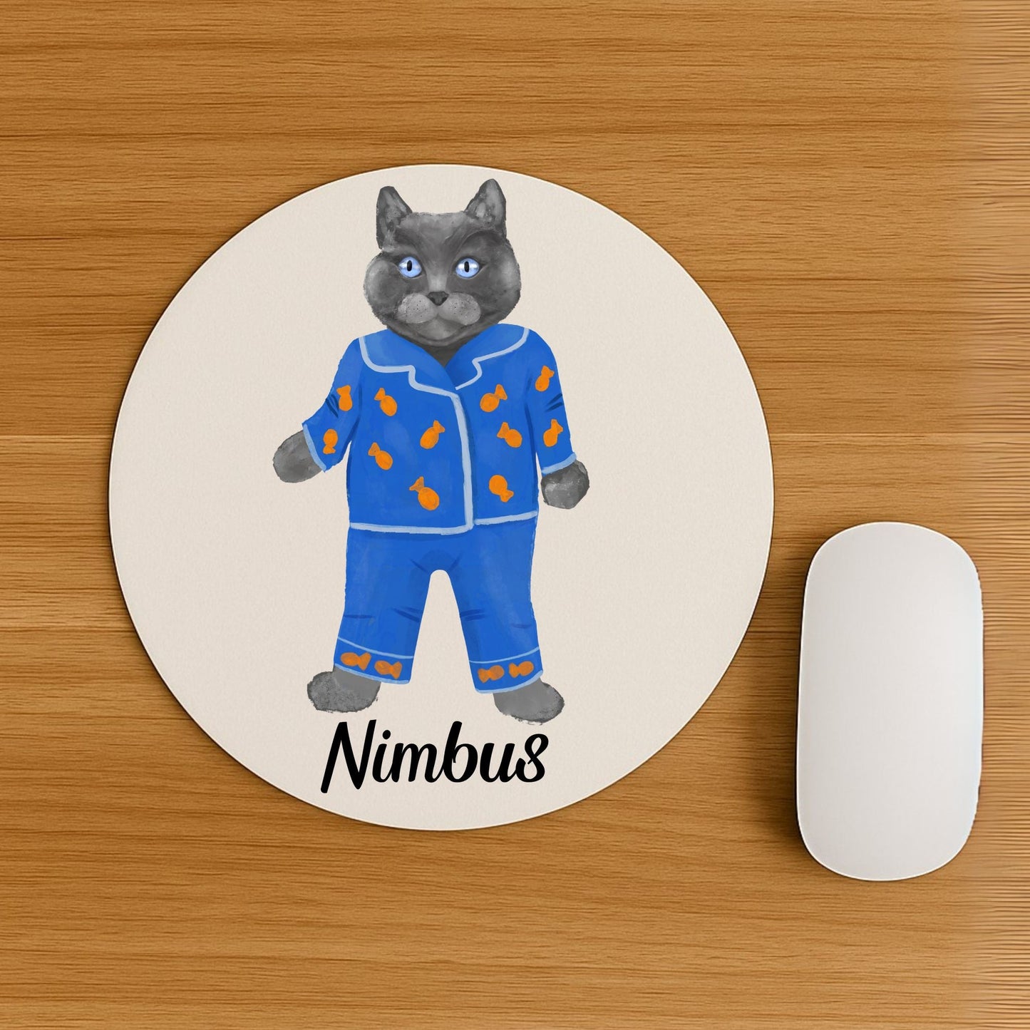 Gray Cat in Blue Pajamas Mousepad - MerikaArt