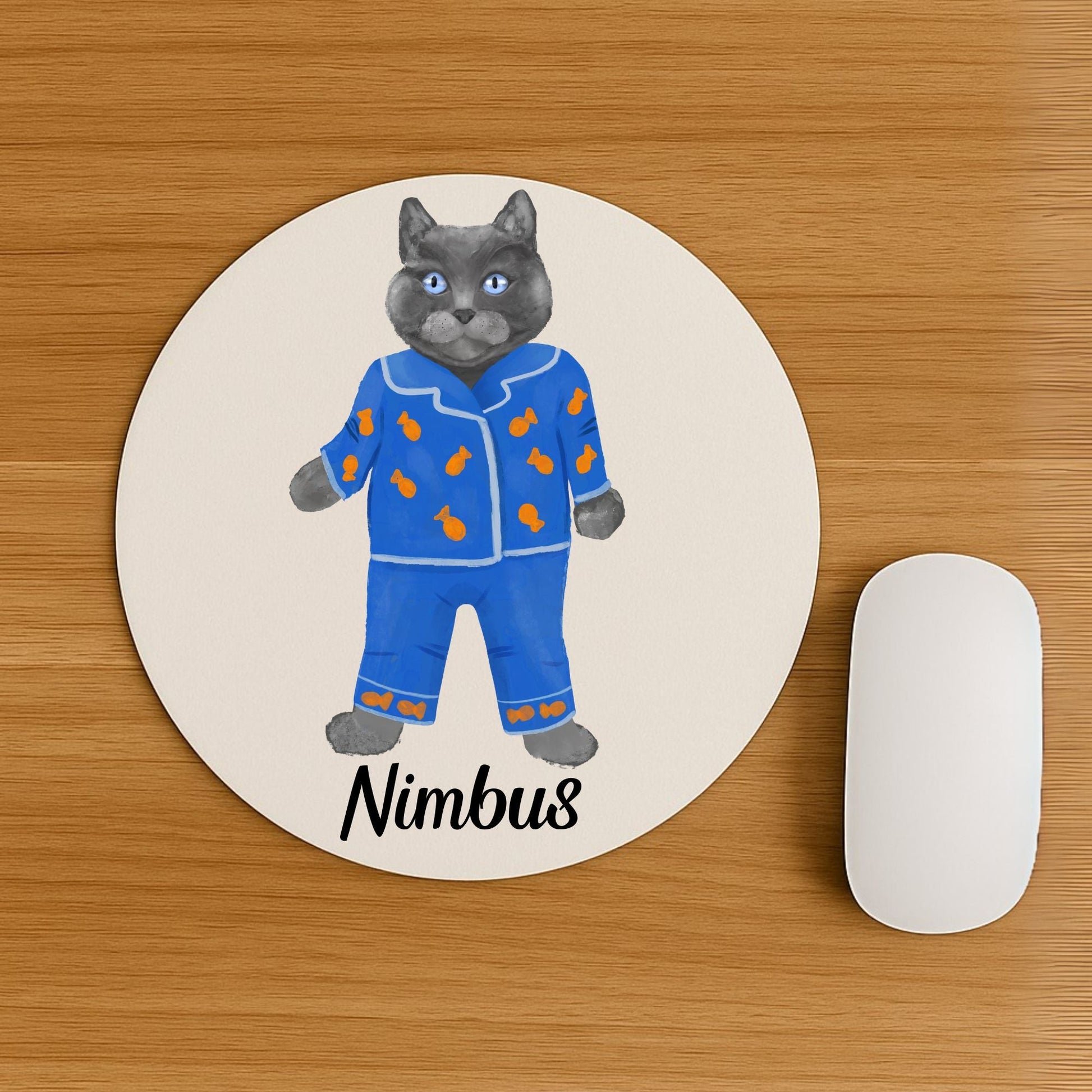Gray Cat in Blue Pajamas Mousepad - MerikaArt