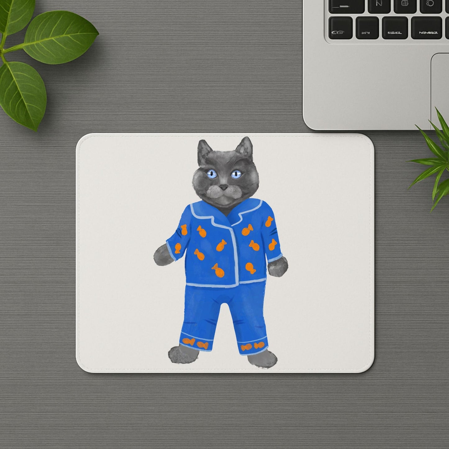 Gray Cat in Blue Pajamas Mousepad - MerikaArt