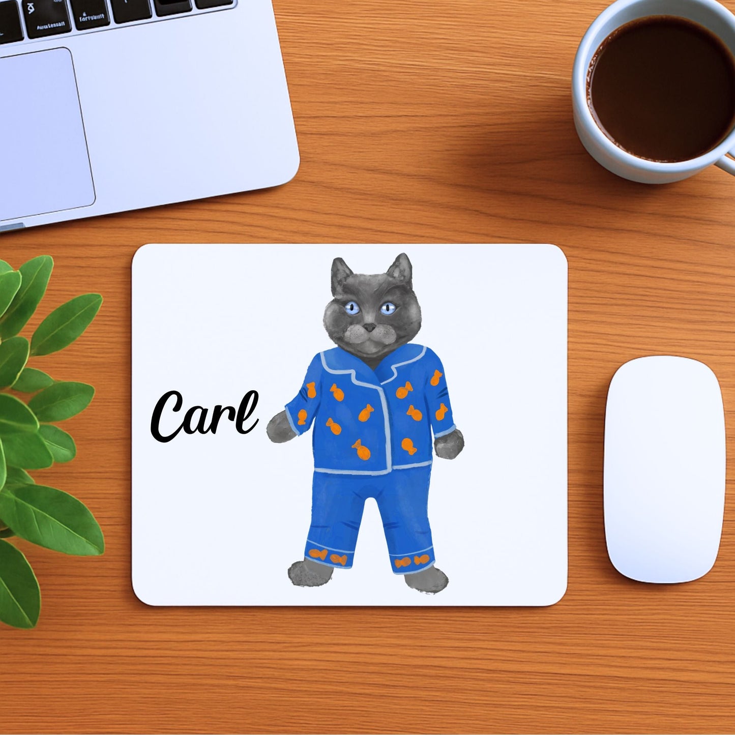 Gray Cat in Blue Pajamas Mousepad - MerikaArt