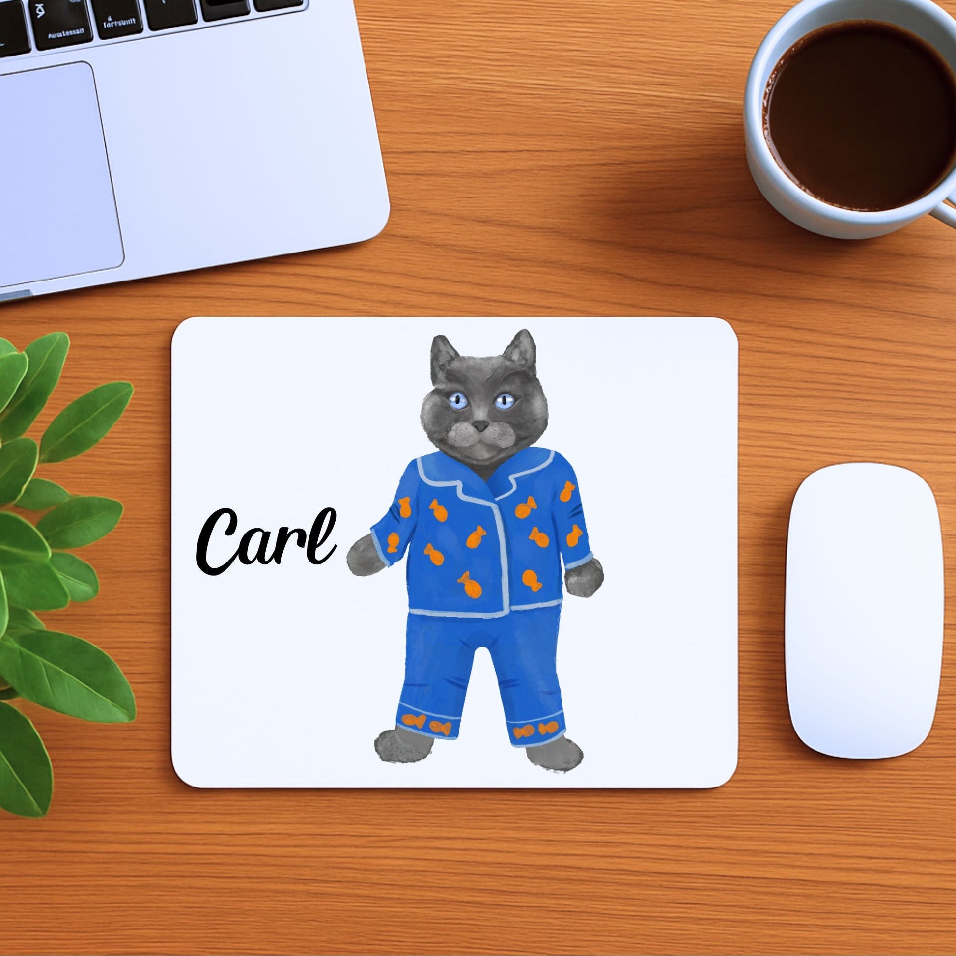 Gray Cat in Blue Pajamas Mousepad - MerikaArt
