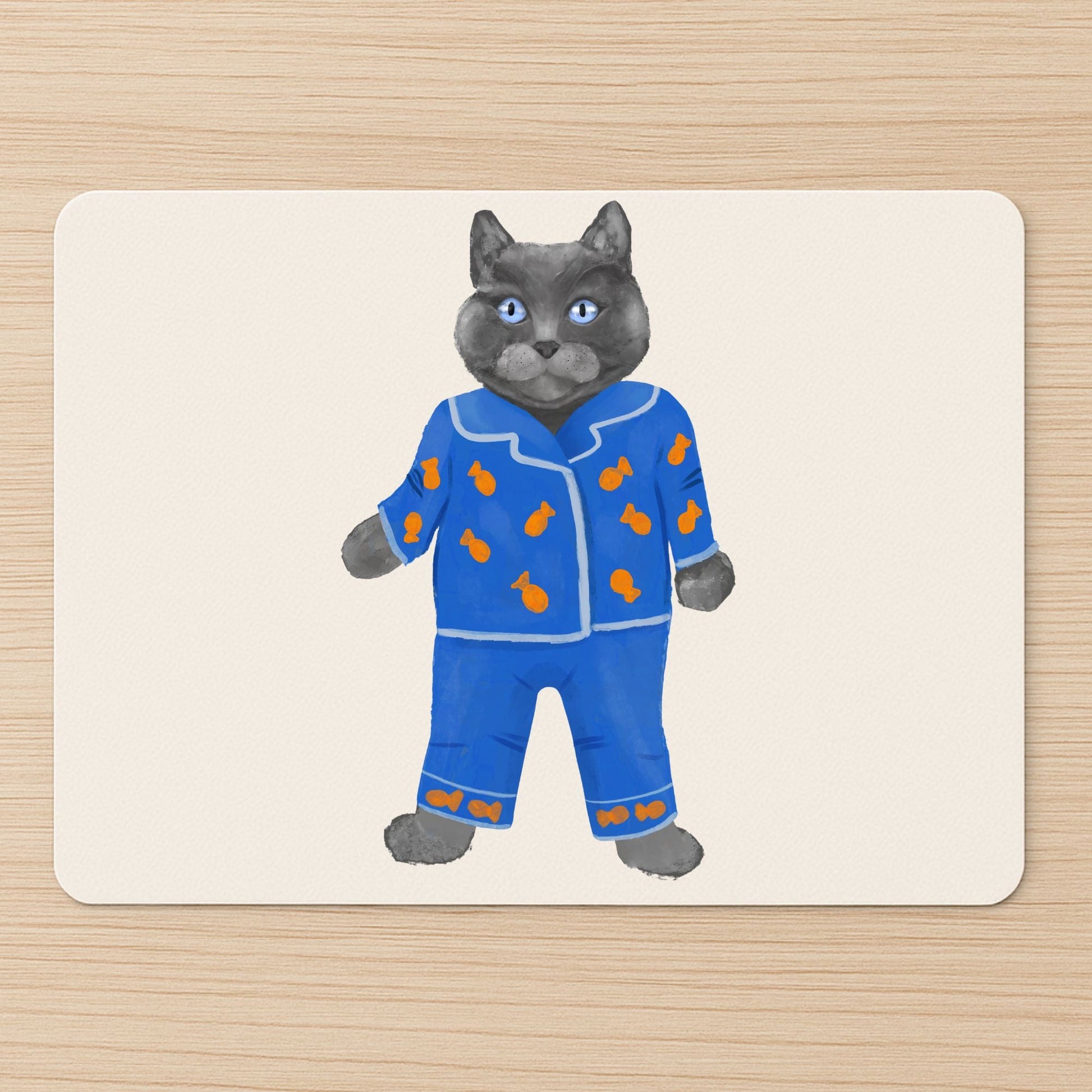 Gray Cat in Blue Pajamas Mousepad - MerikaArt
