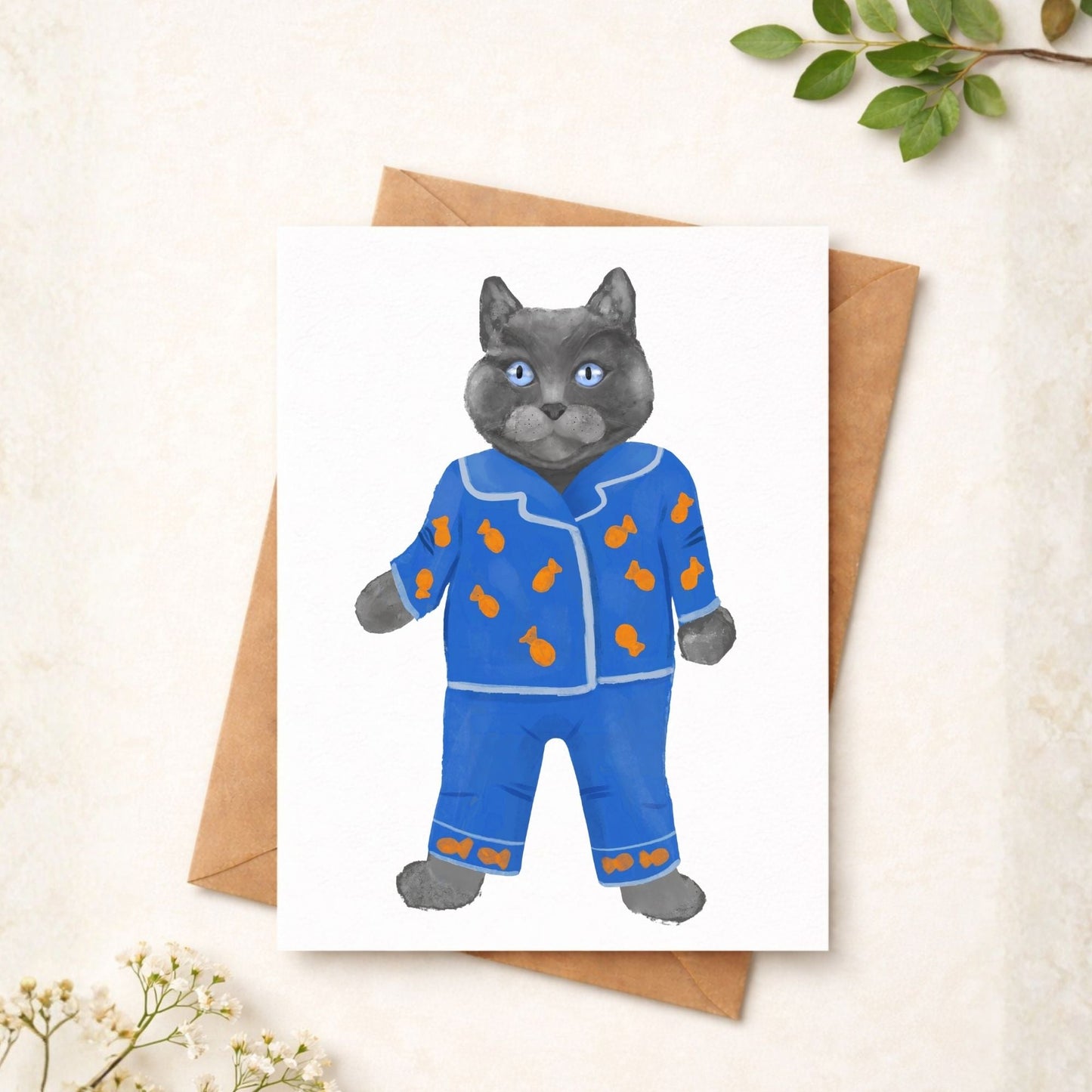 Gray Cat In Blue Pajamas Postcard - MerikaArt