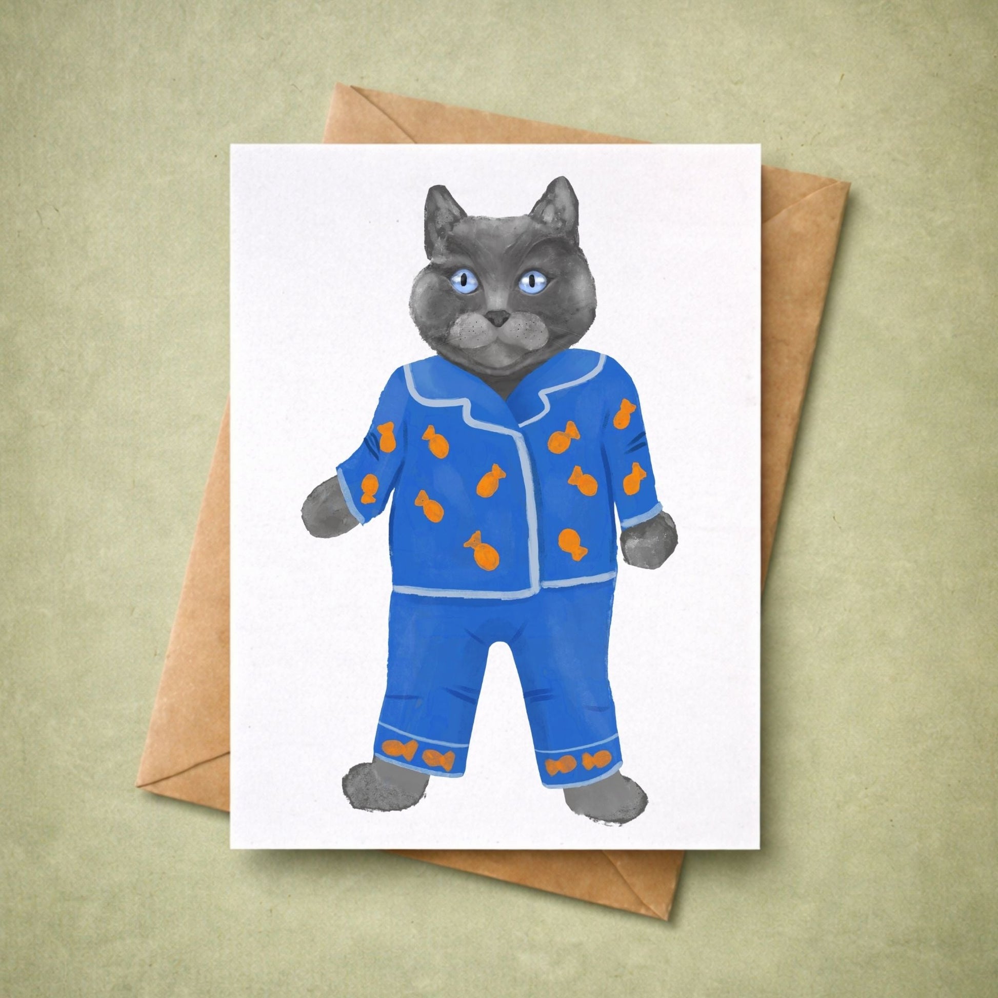 Gray Cat In Blue Pajamas Postcard - MerikaArt