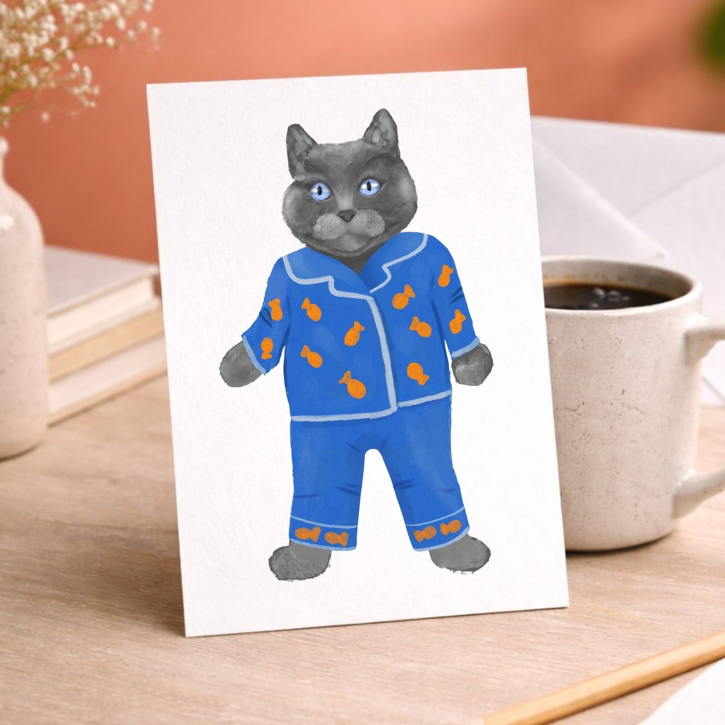 Gray Cat In Blue Pajamas Postcard - MerikaArt