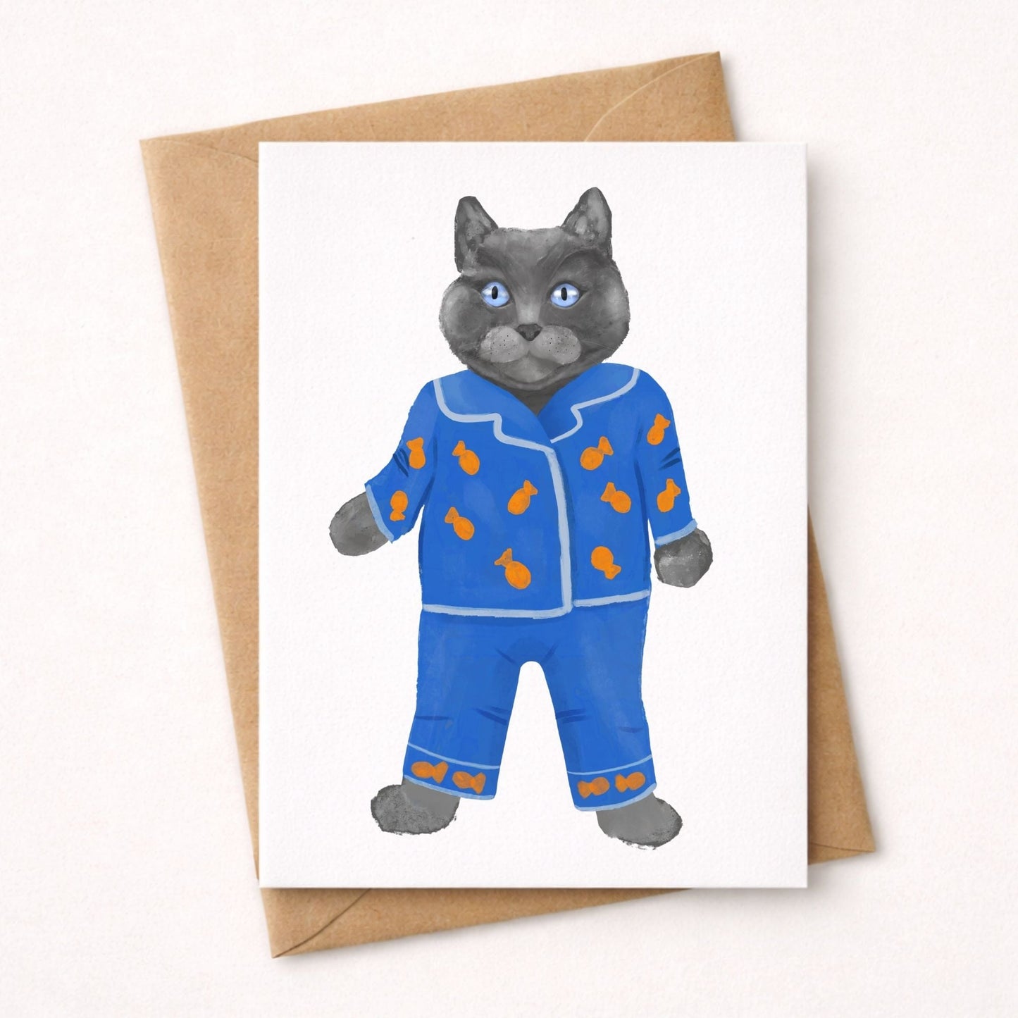 Gray Cat In Blue Pajamas Postcard - MerikaArt
