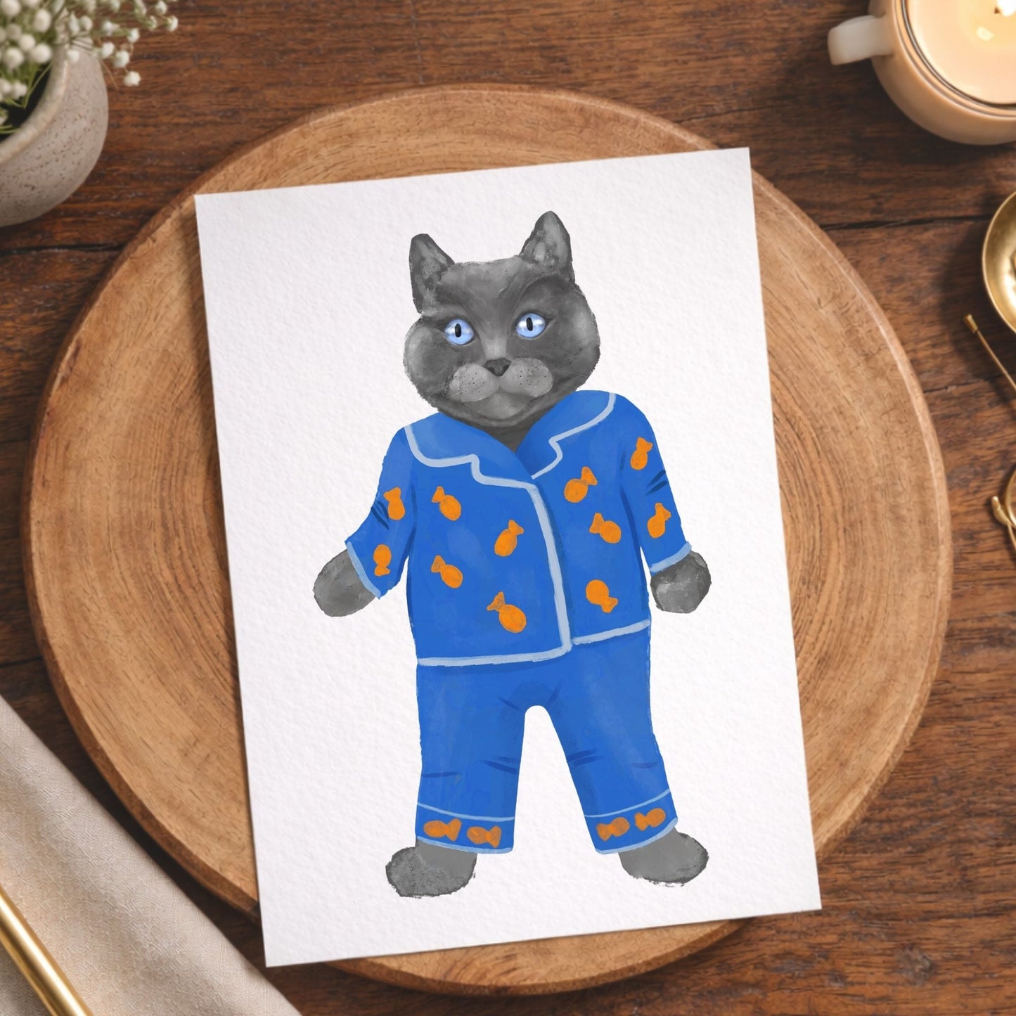 Gray Cat In Blue Pajamas Postcard - MerikaArt