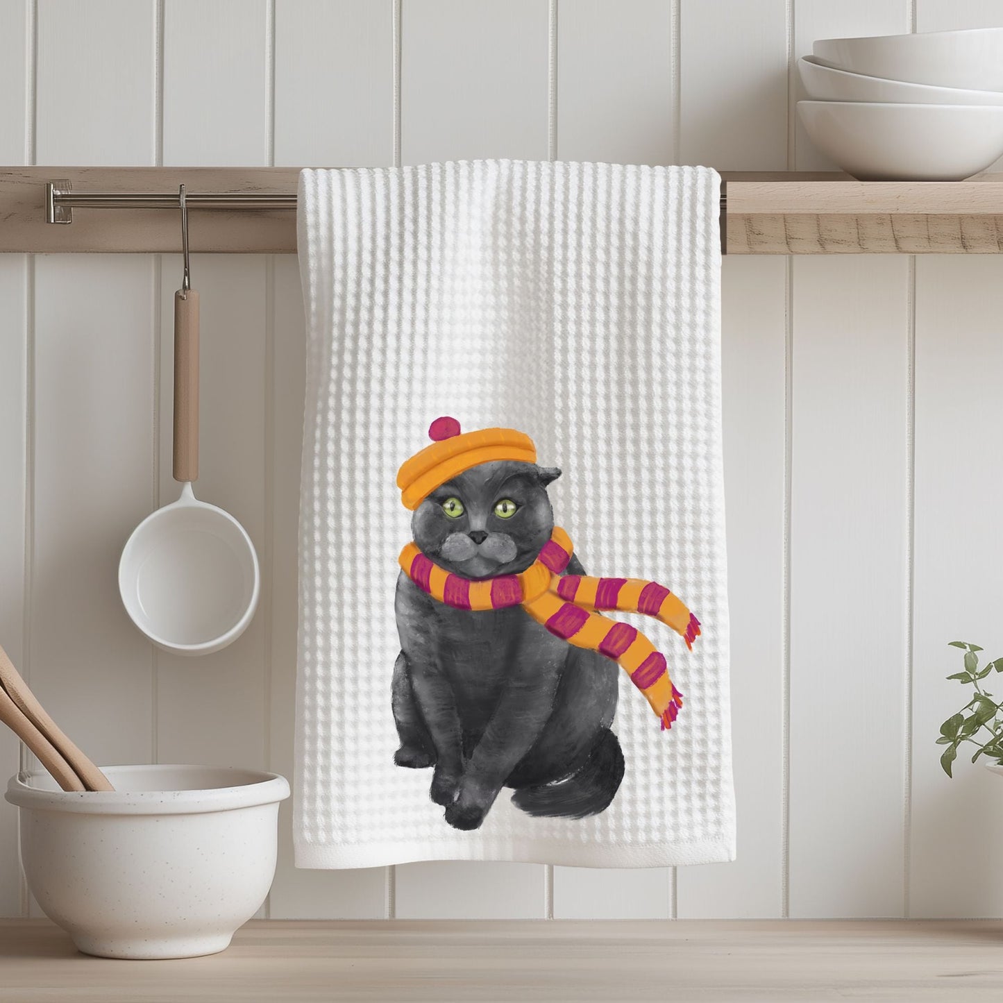 Gray Cat Kitchen Towel with Orange Beret and Striped Scarf - MerikaArt