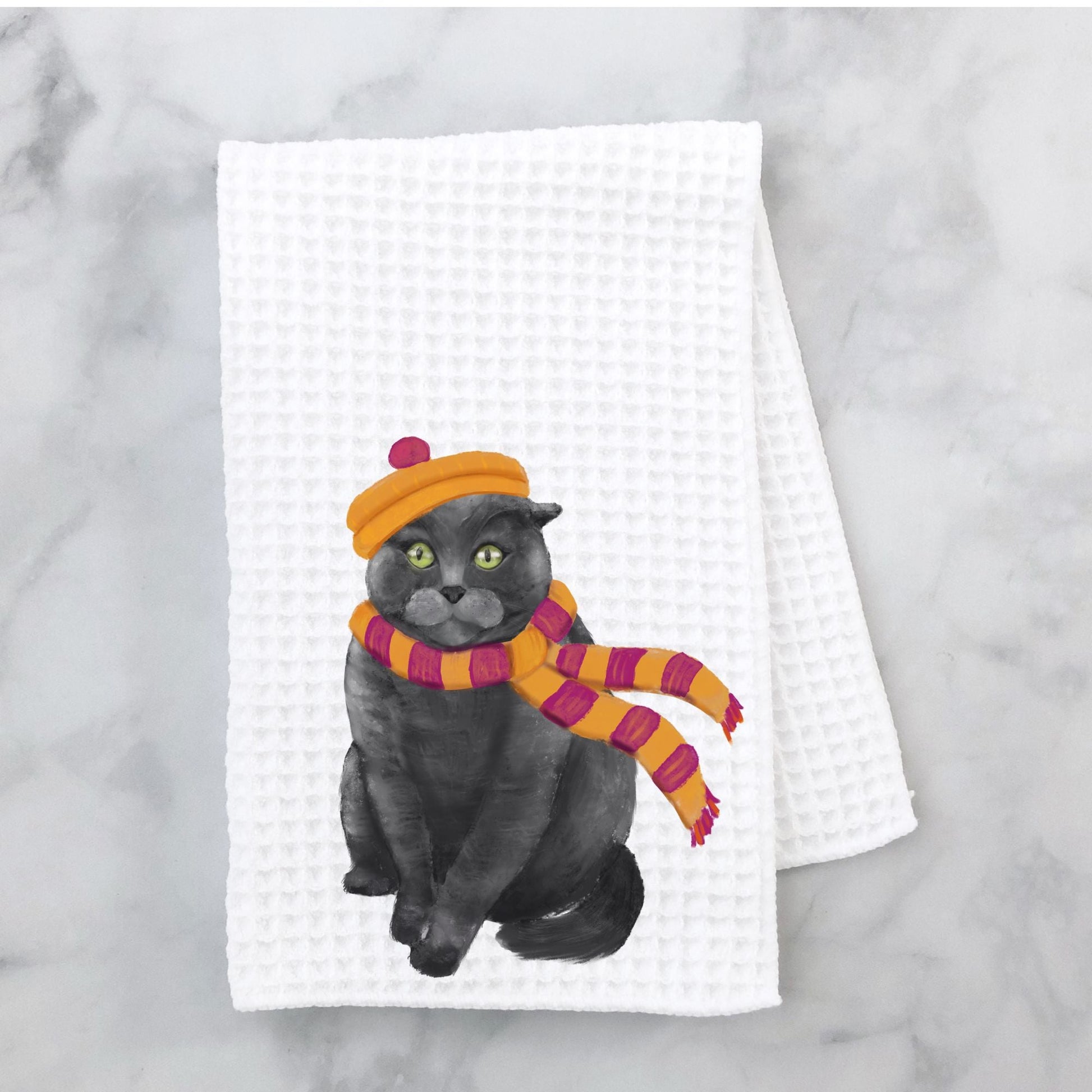 Gray Cat Kitchen Towel with Orange Beret and Striped Scarf - MerikaArt
