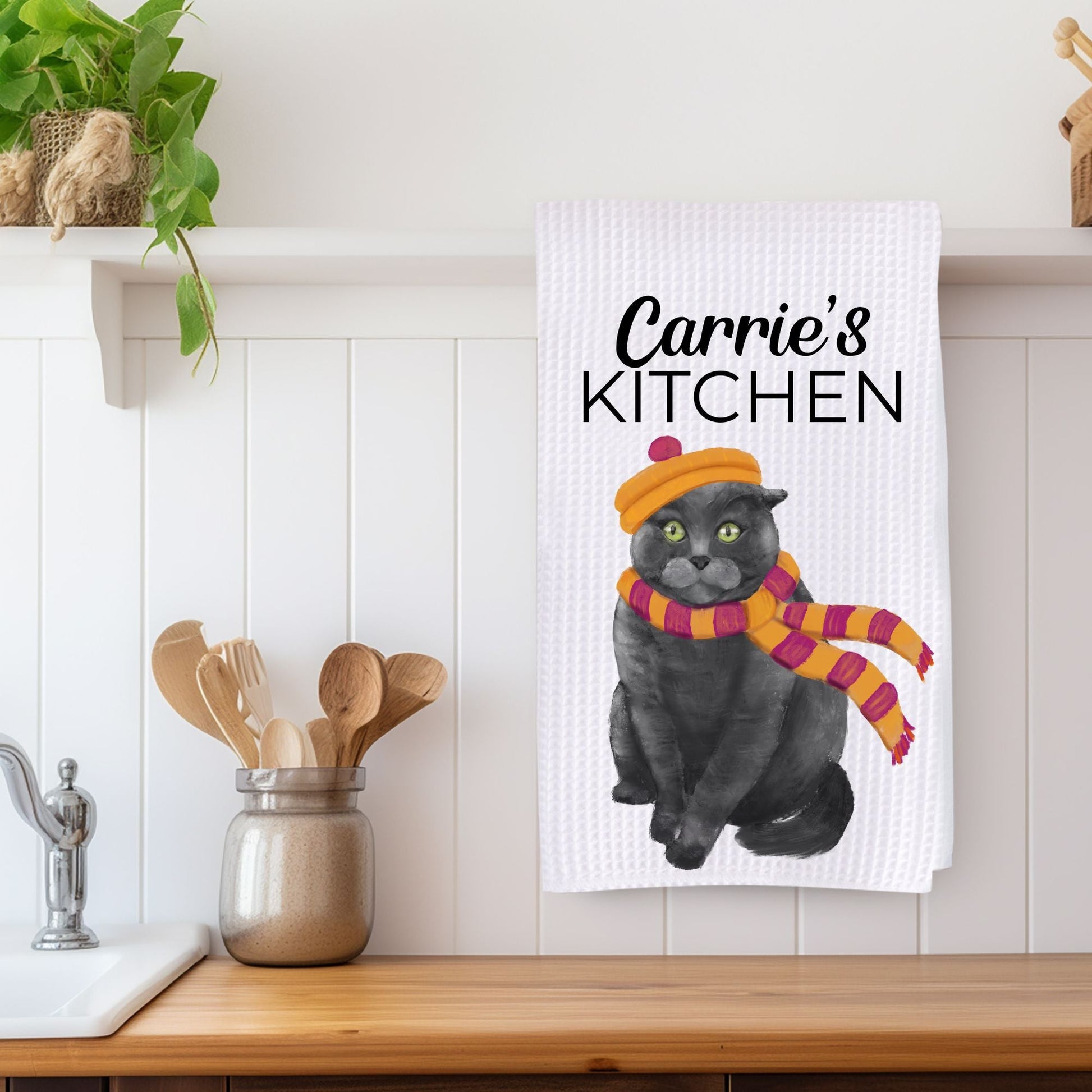 Gray Cat Kitchen Towel with Orange Beret and Striped Scarf - MerikaArt