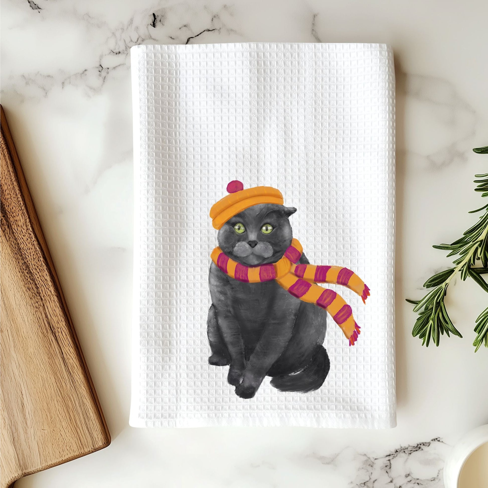 Gray Cat Kitchen Towel with Orange Beret and Striped Scarf - MerikaArt