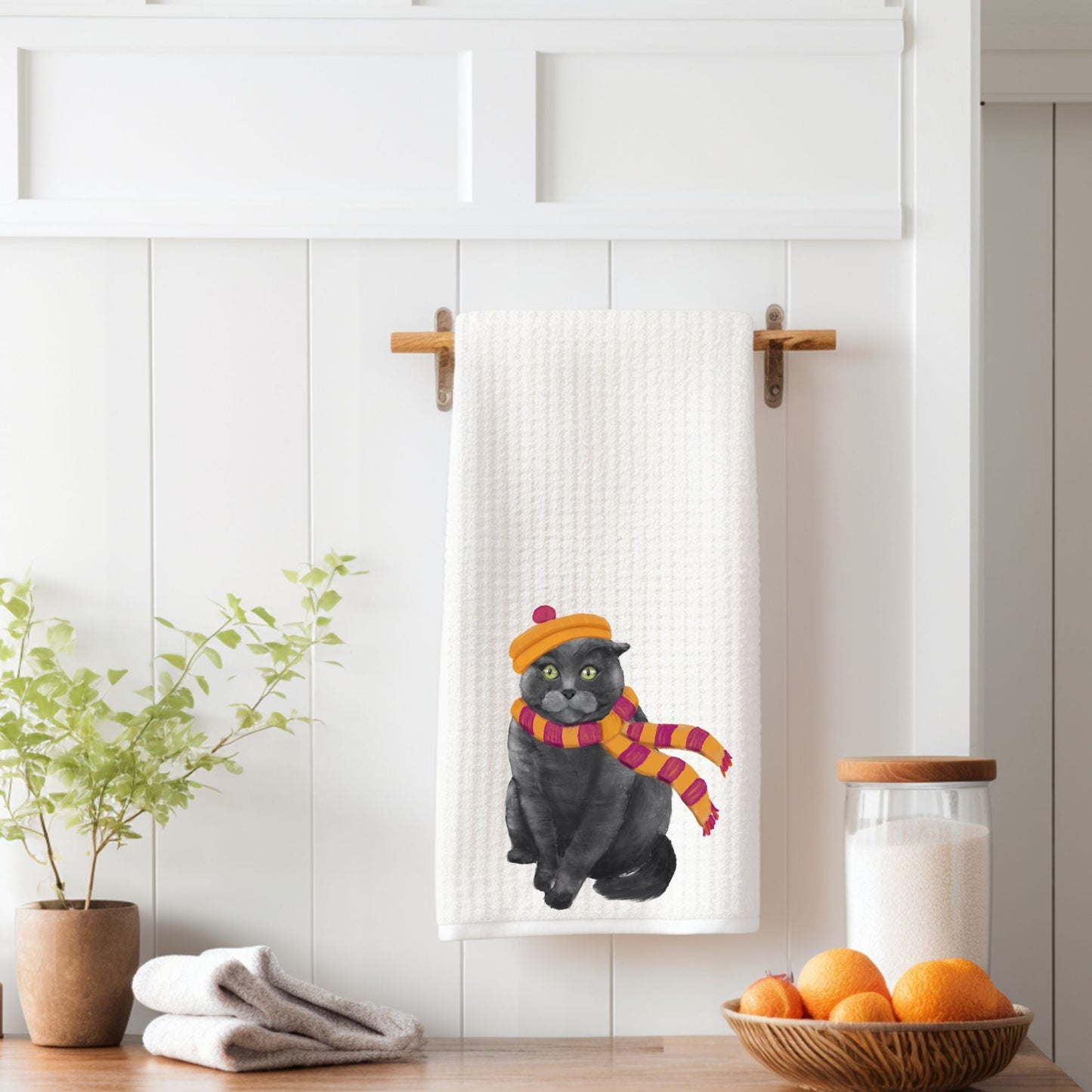 Gray Cat Kitchen Towel with Orange Beret and Striped Scarf - MerikaArt