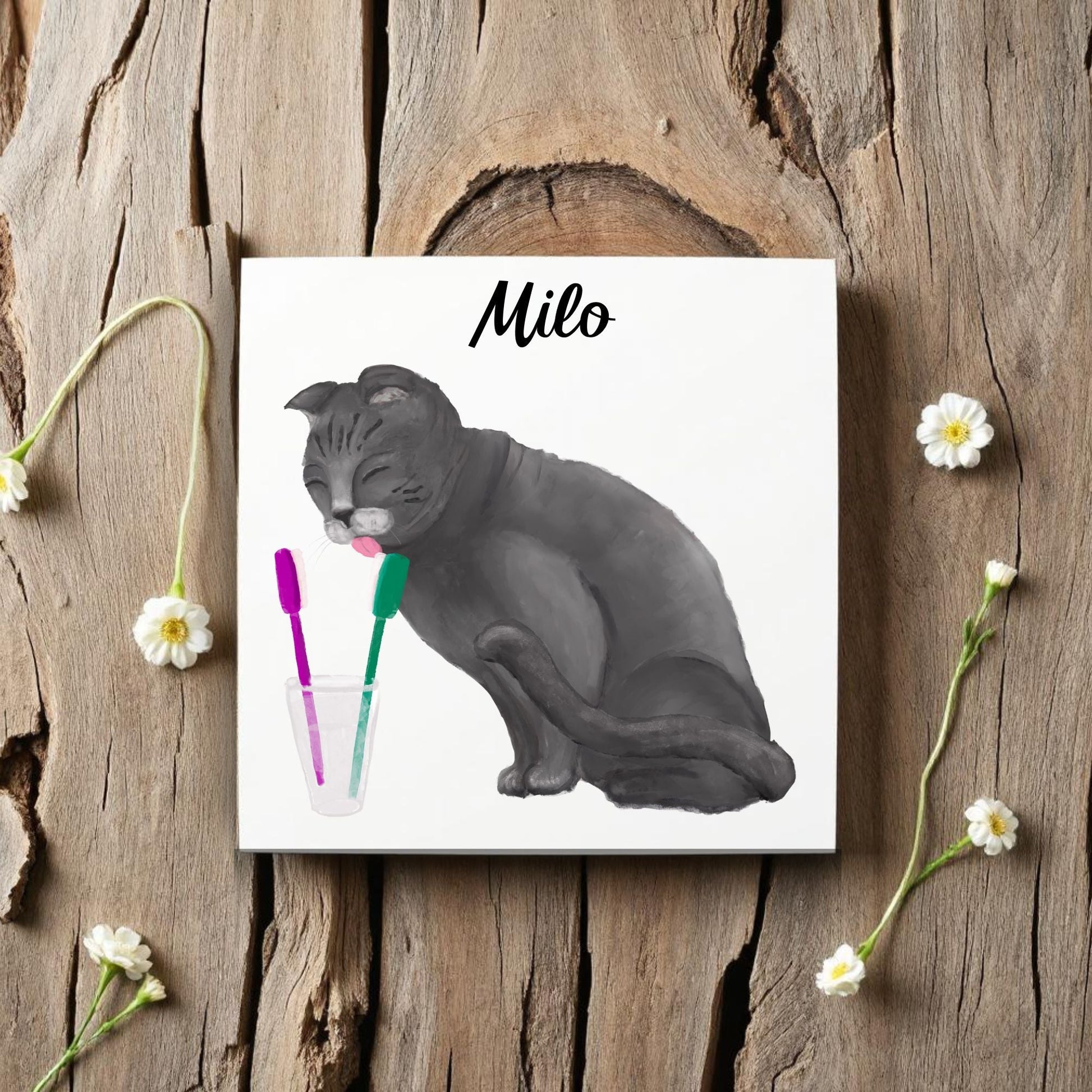Gray Cat Licking Toothbrushes Bathroom Ceramic Tile - MerikaArt