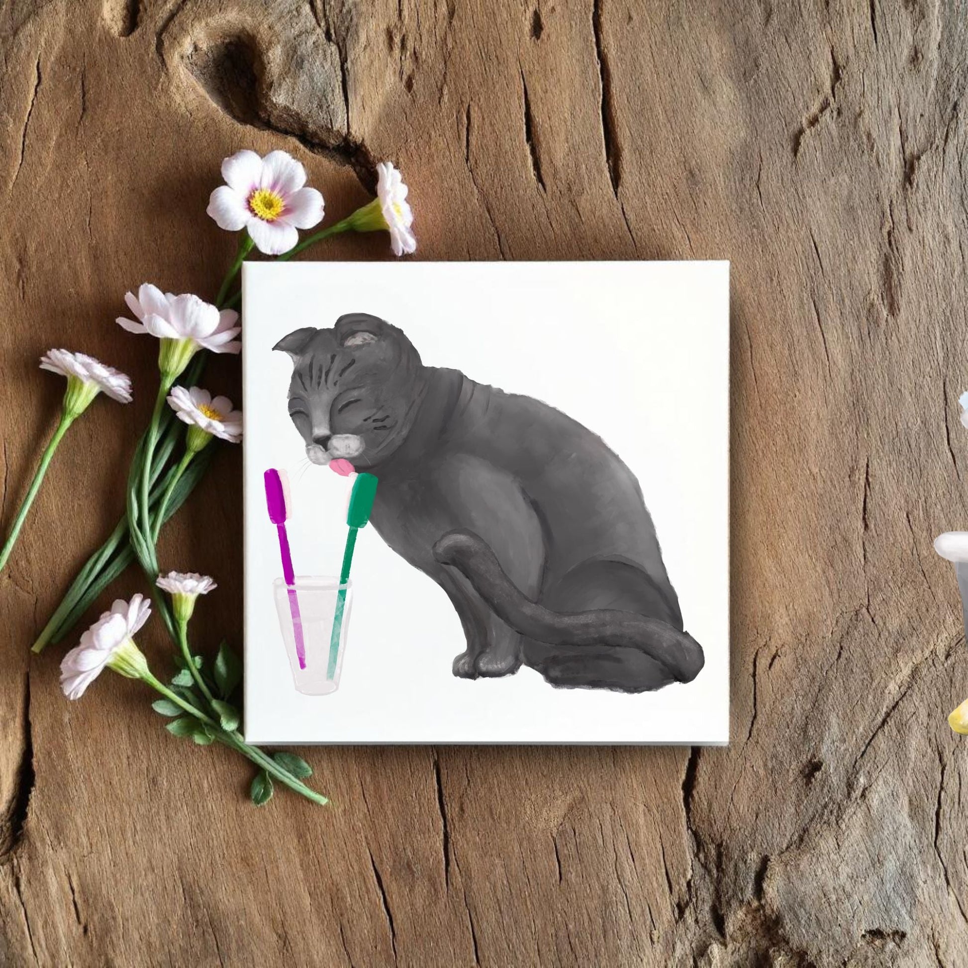 Gray Cat Licking Toothbrushes Bathroom Ceramic Tile - MerikaArt