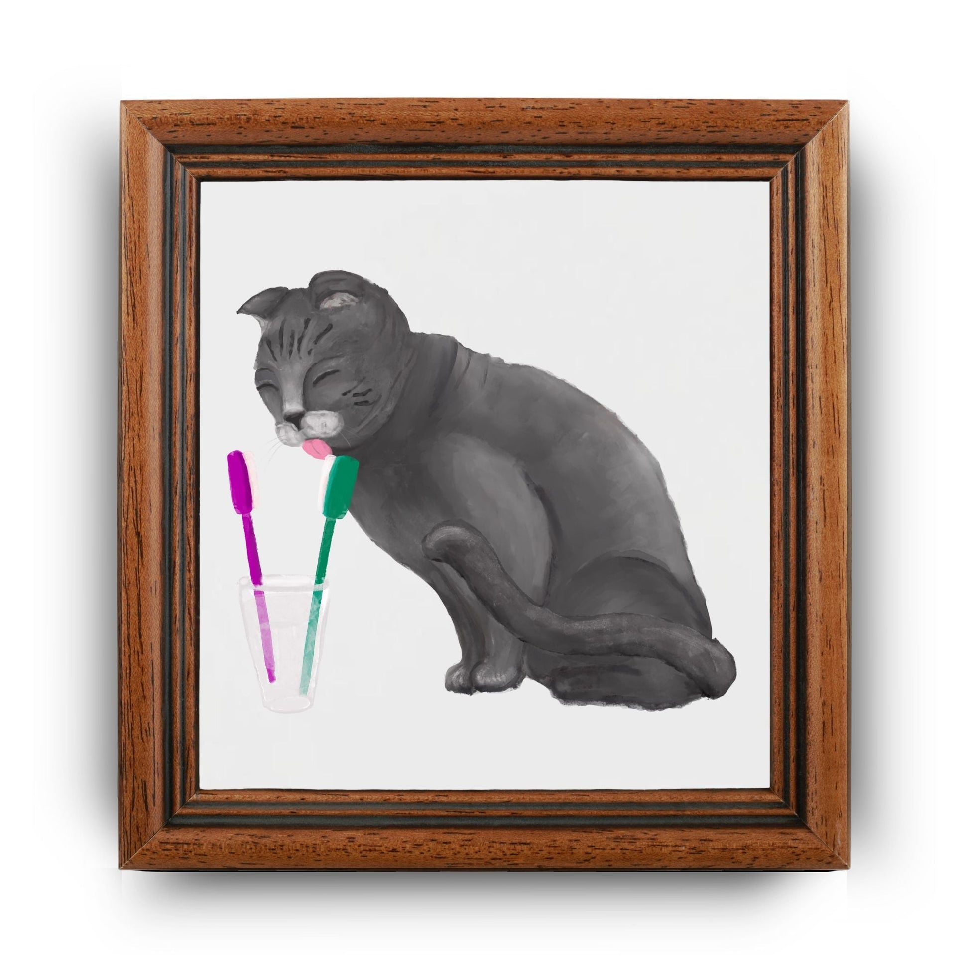 Gray Cat Licking Toothbrushes Bathroom Ceramic Tile - MerikaArt