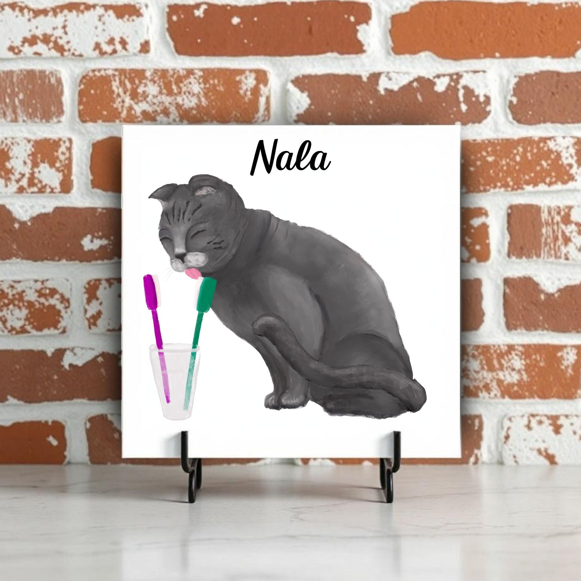 Gray Cat Licking Toothbrushes Bathroom Ceramic Tile - MerikaArt