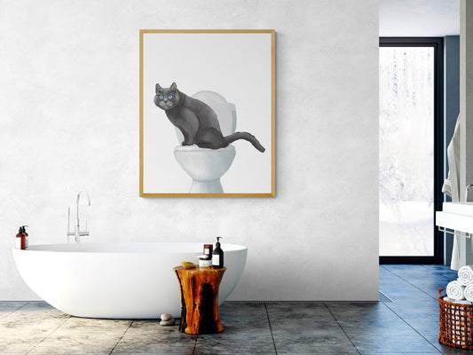 Gray Cat On Toilet Print - MerikaArt